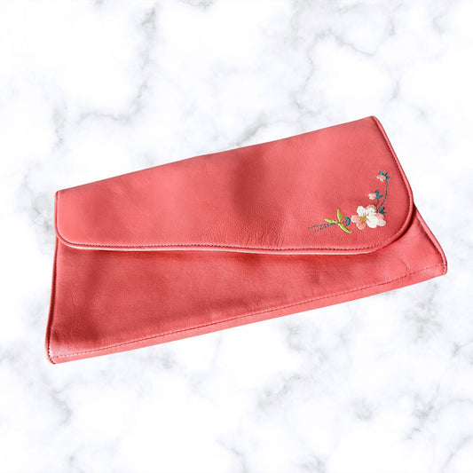 Vintage Coral Pink 80s Clutch Bag with Embroidered Flower Motif by Clarks