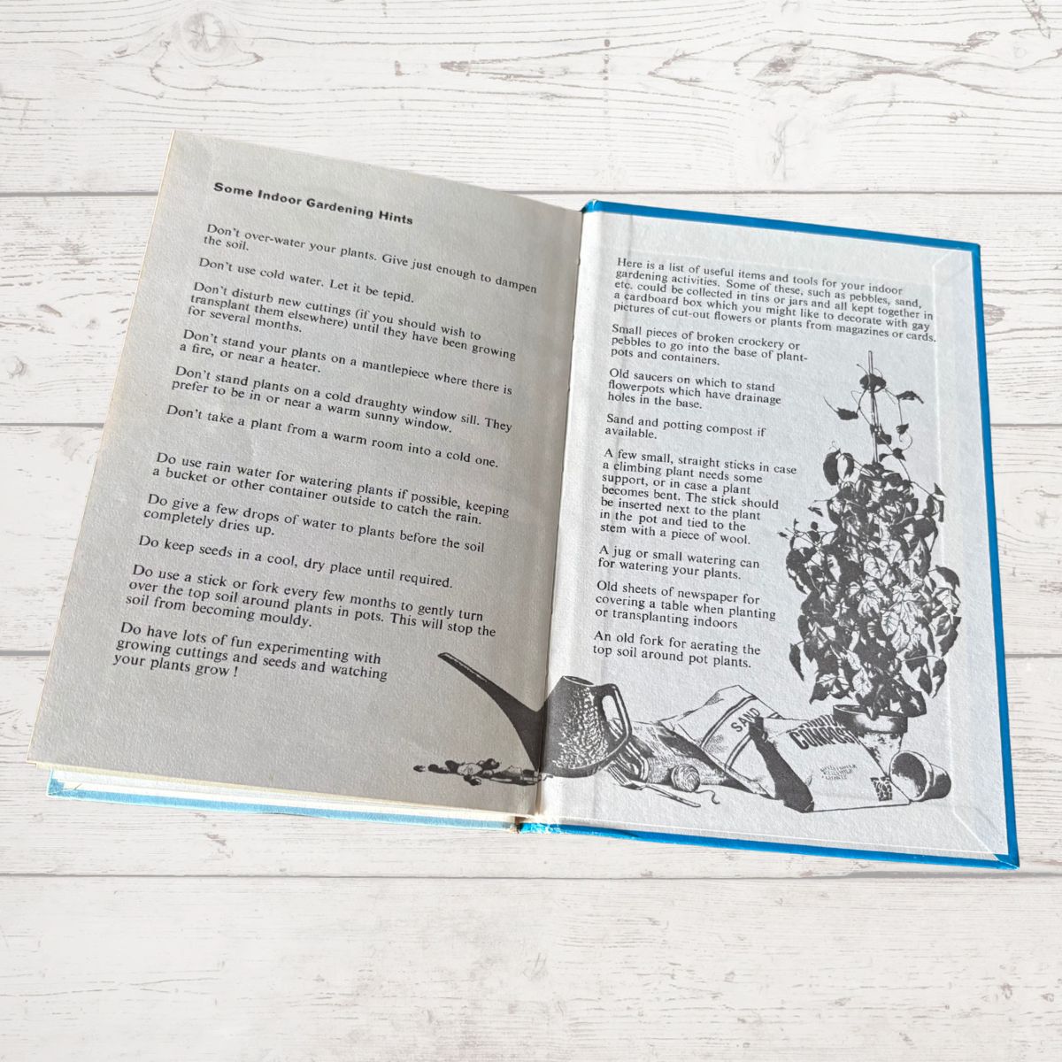 Open book with text and illustrations on a wooden surface