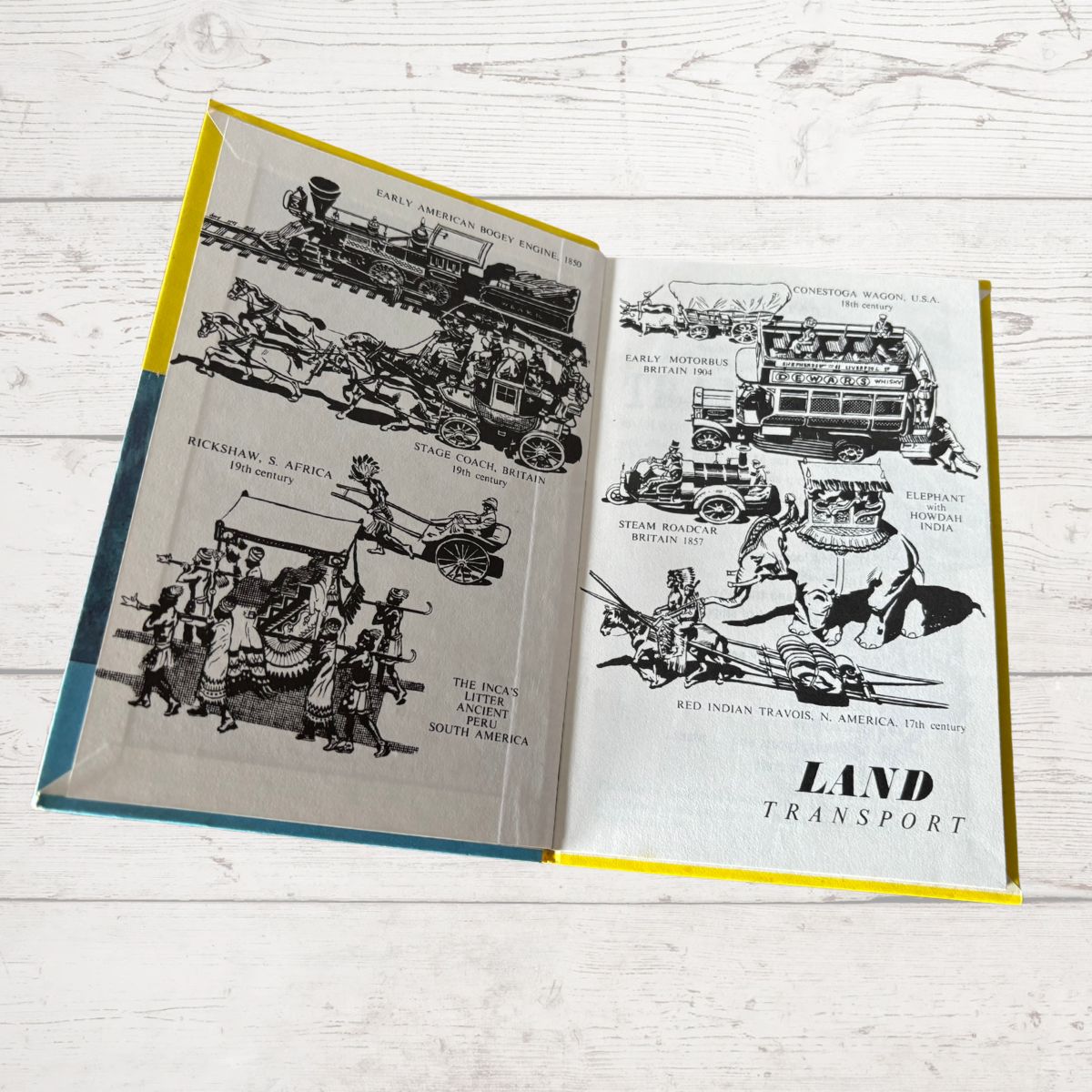 Open book with illustrations of early transportation methods on a wooden surface