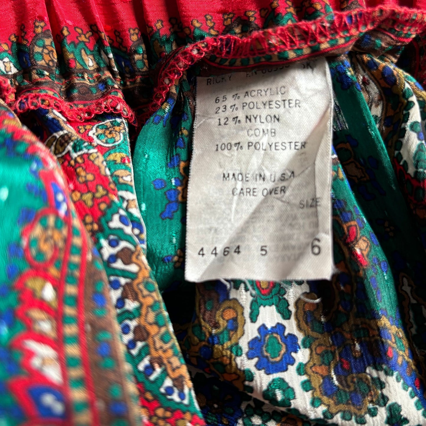 Vintage Paisley Silky Midi Skirt in Red, Green, White, and Blue. Approx UK size 10-12