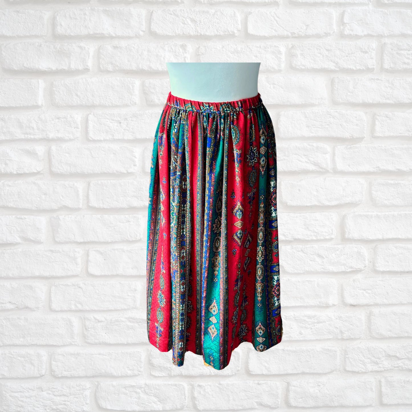 Silky Paisley red, green, blue and white vintage skirt - front view