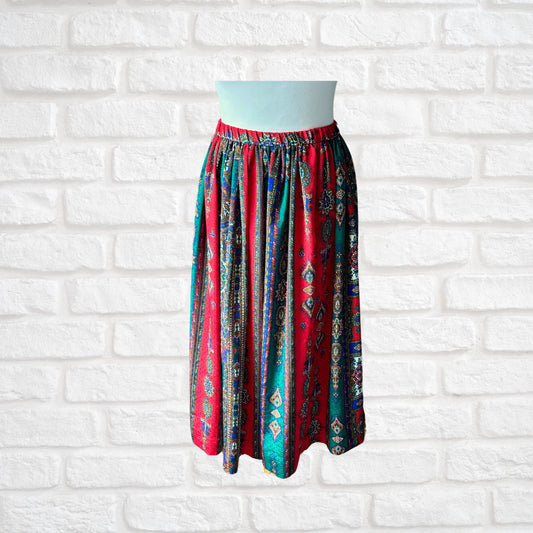 Silky Paisley red, green, blue and white vintage skirt - front view