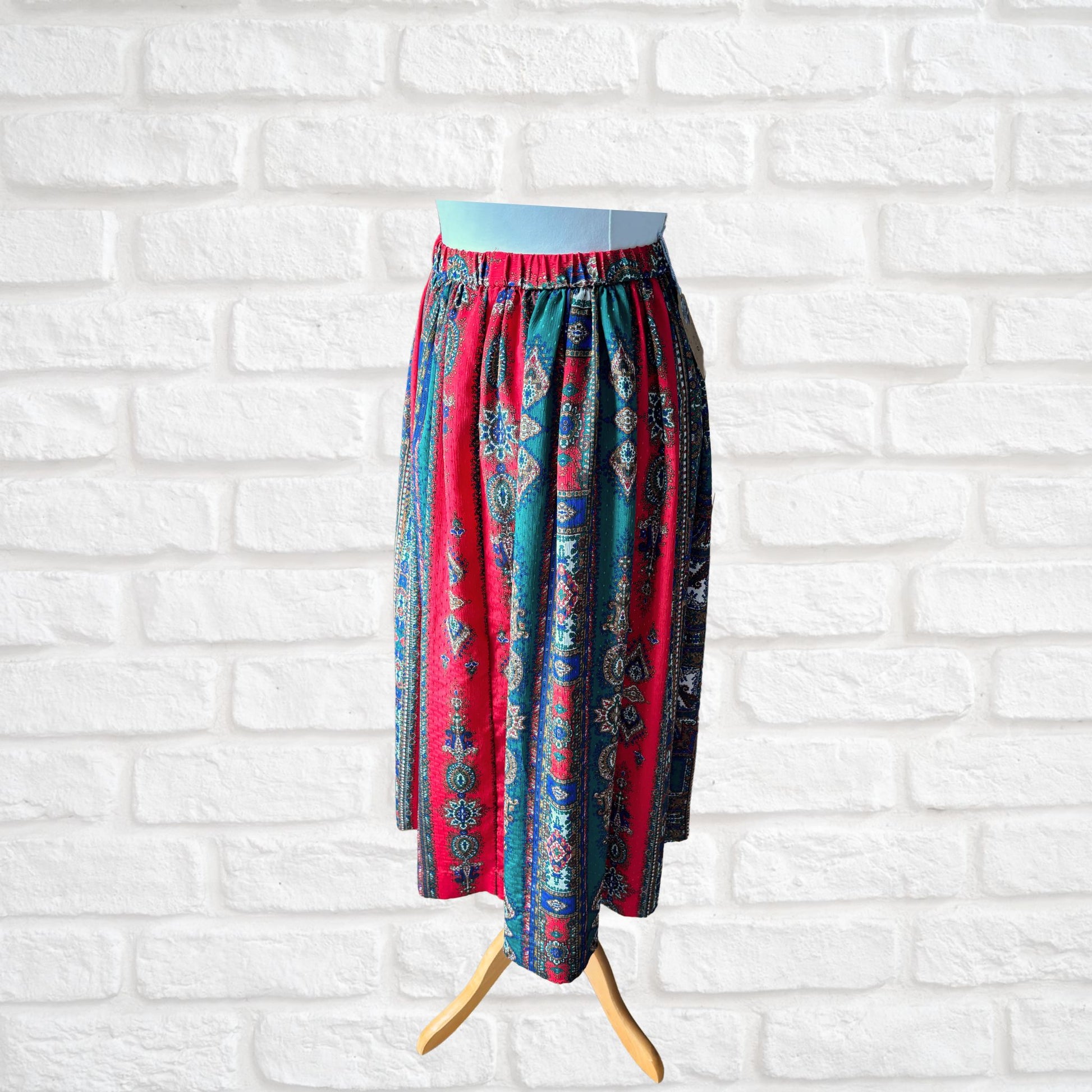 Silky Paisley red, green, blue and white vintage skirt - side  view