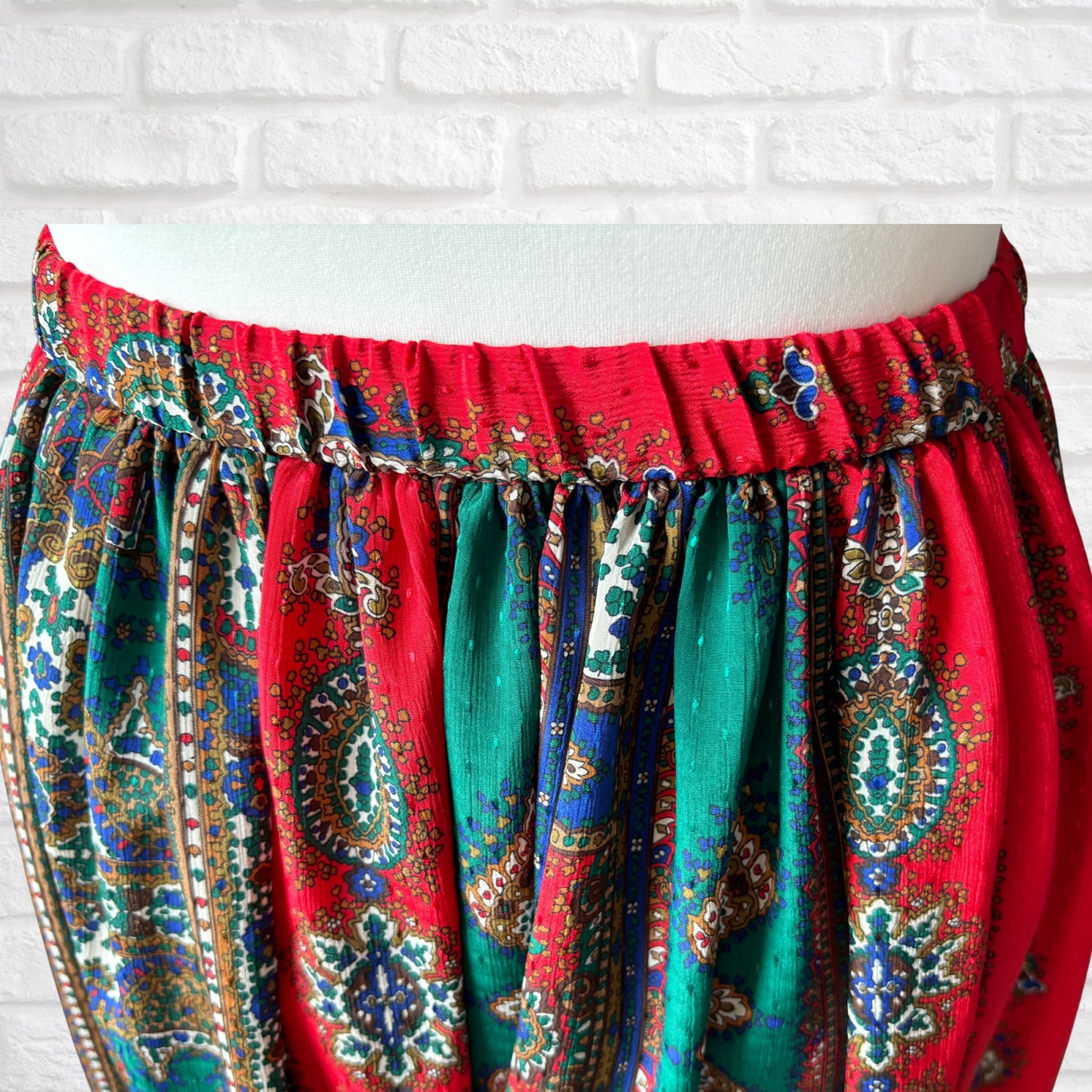 Vintage Paisley Silky Midi Skirt in Red, Green, White, and Blue. Approx UK size 10-12
