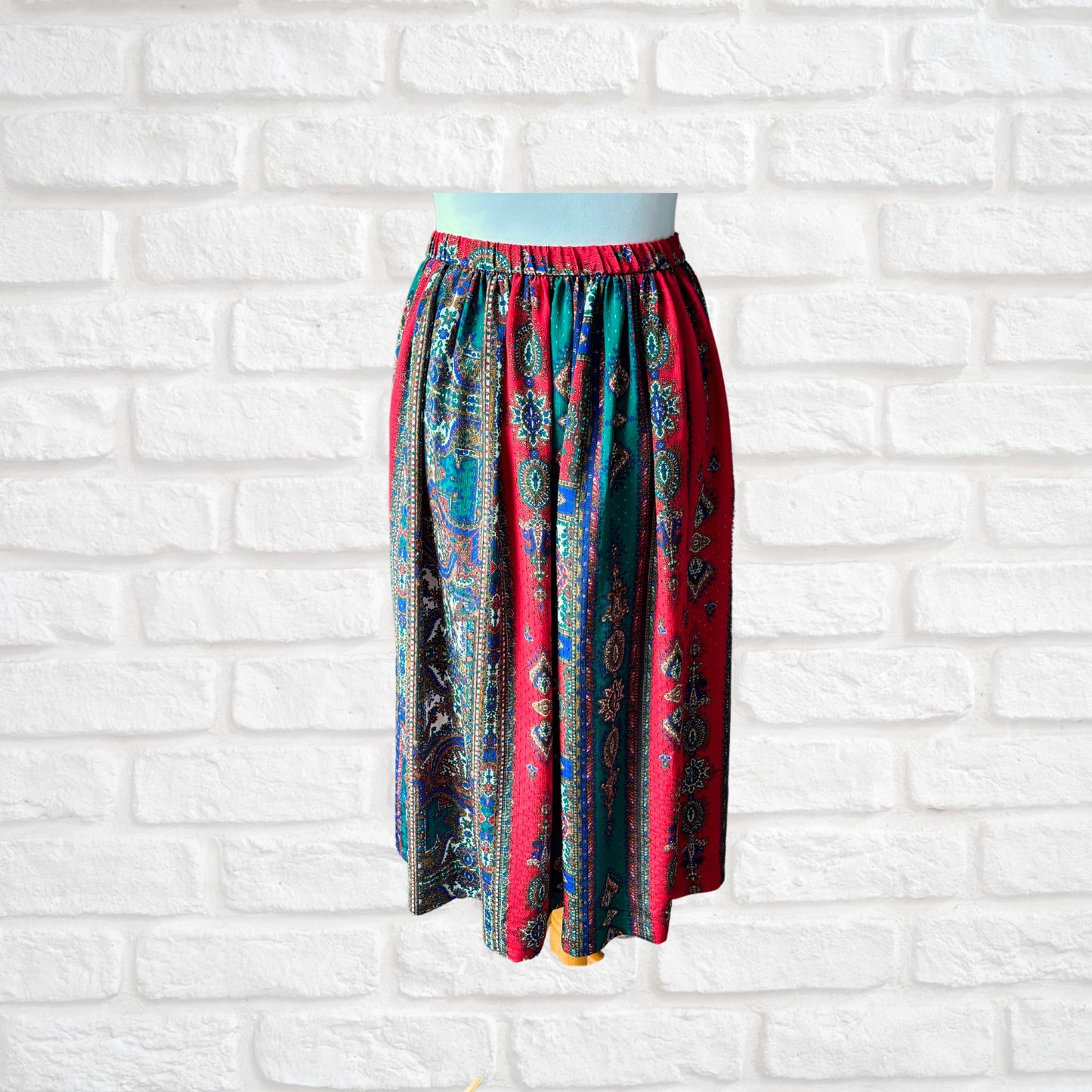 Silky Paisley red, green, blue and white vintage skirt - back view