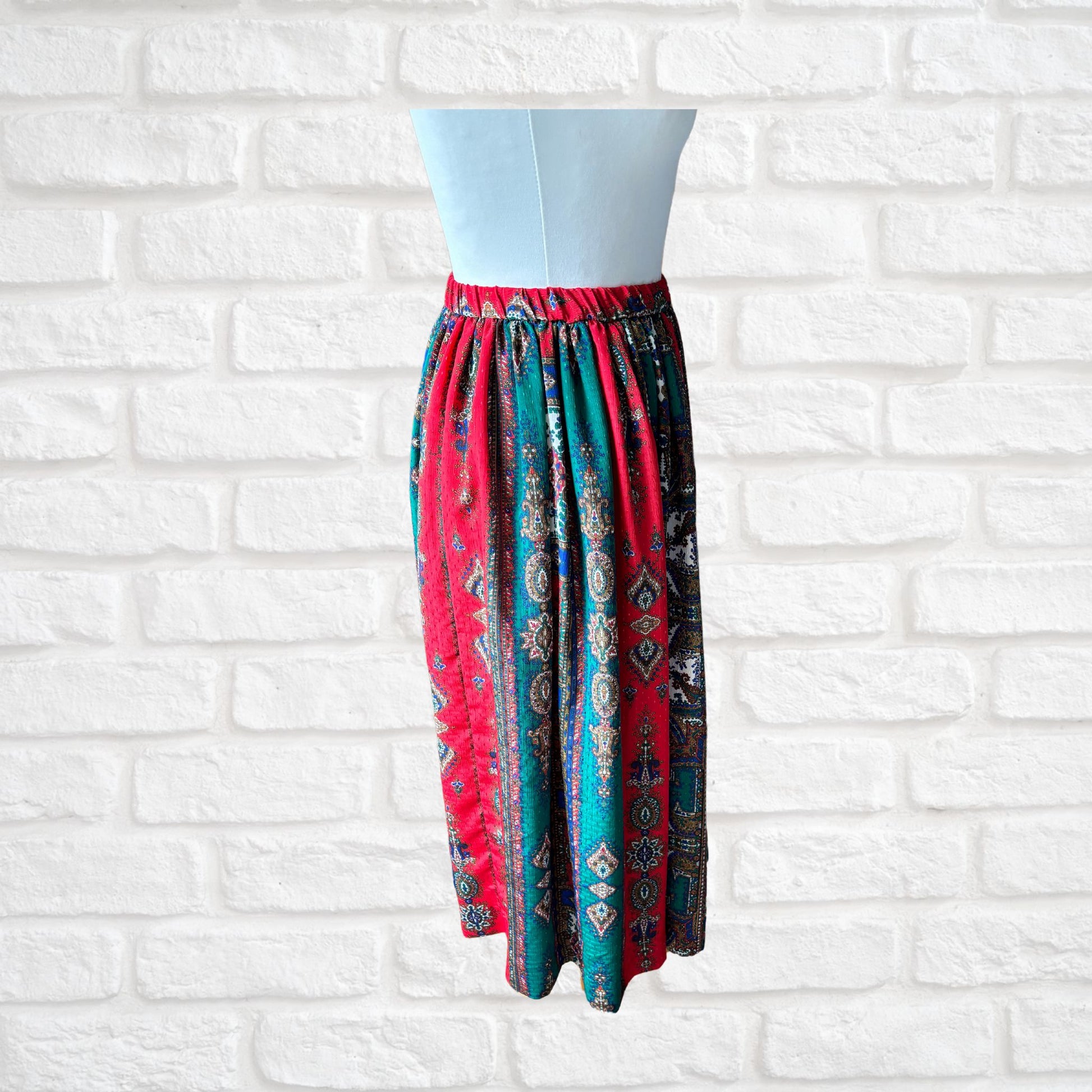 Silky Paisley red, green, blue and white vintage skirt - side  view