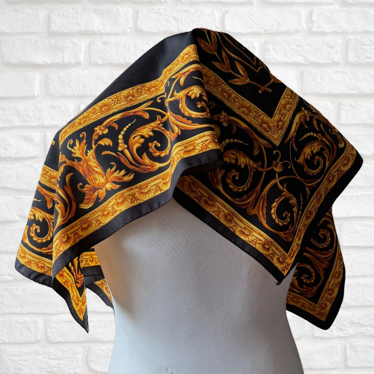 Black and Gold Baroque Style Large Square Vintage Scarf. Great Gift idea.