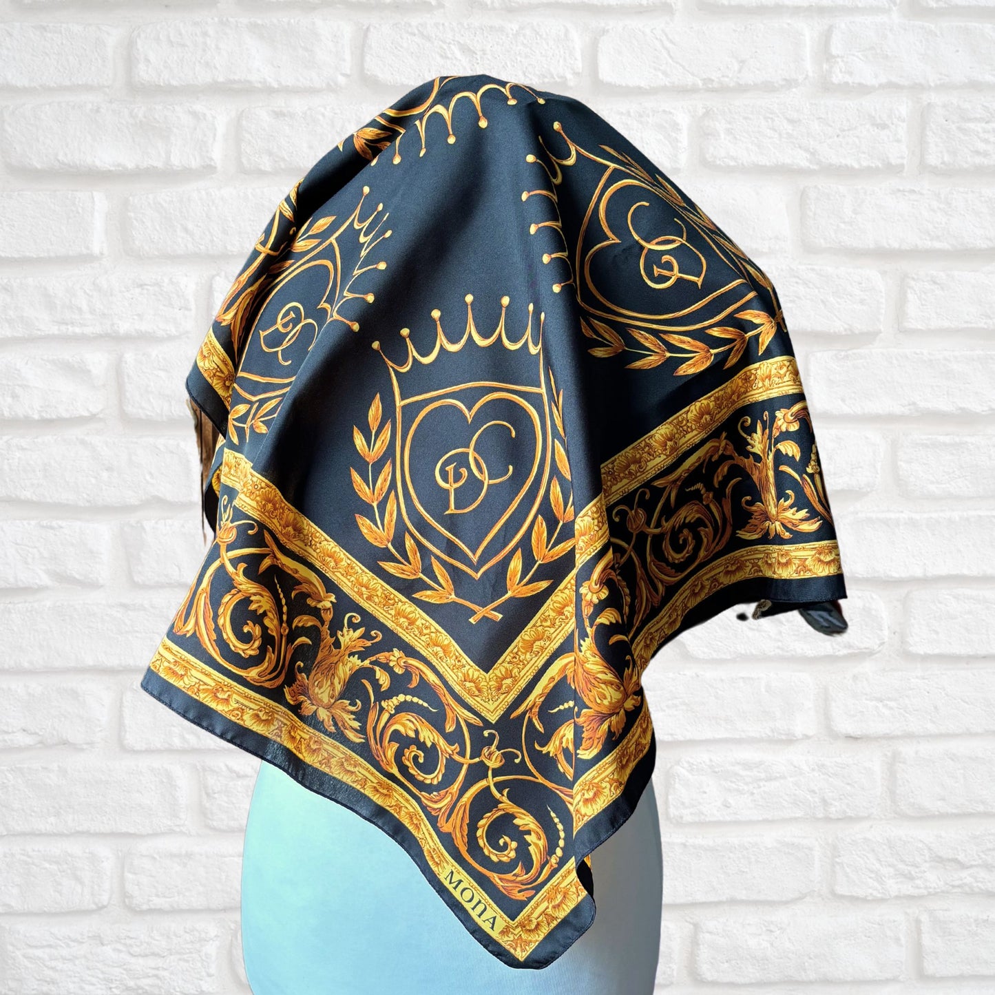 Black and Gold Baroque Style Large Square Vintage Scarf. Great Gift idea.