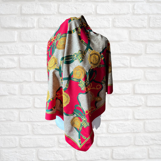 Red, Green and Gold Equestrian Style Large Square Vintage Scarf. Great Gift idea