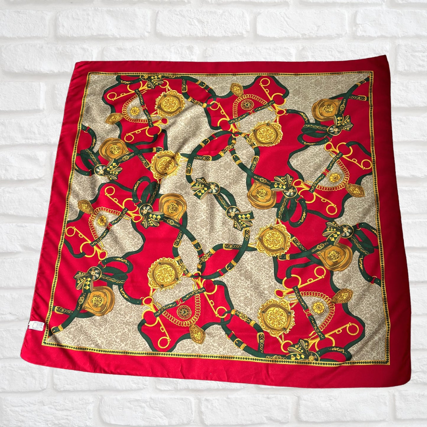 Red, Green and Gold Equestrian Style Large Square Vintage Scarf. Great Gift idea