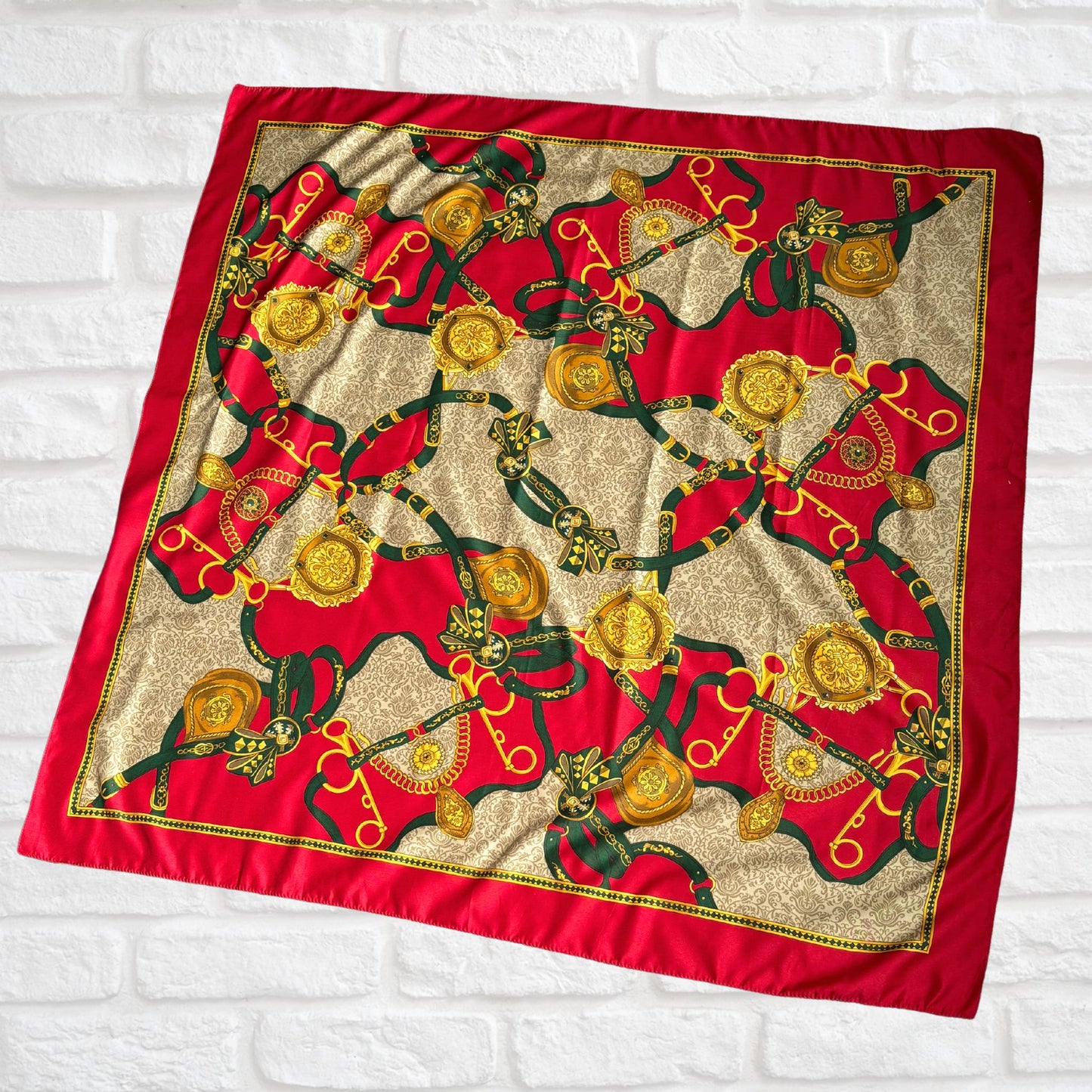 Red, Green and Gold Equestrian Style Large Square Vintage Scarf. Great Gift idea