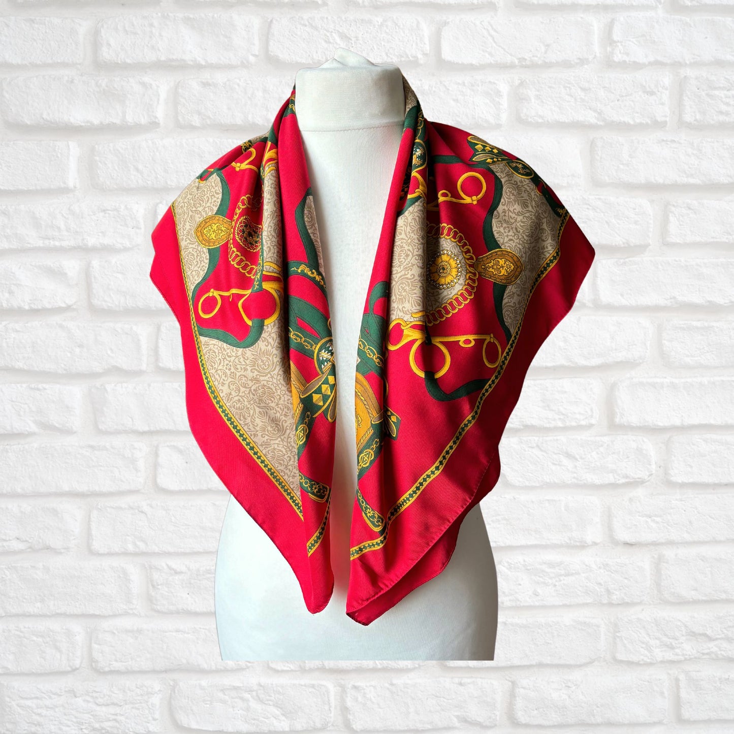 Red, Green and Gold Equestrian Style Large Square Vintage Scarf. Great Gift idea