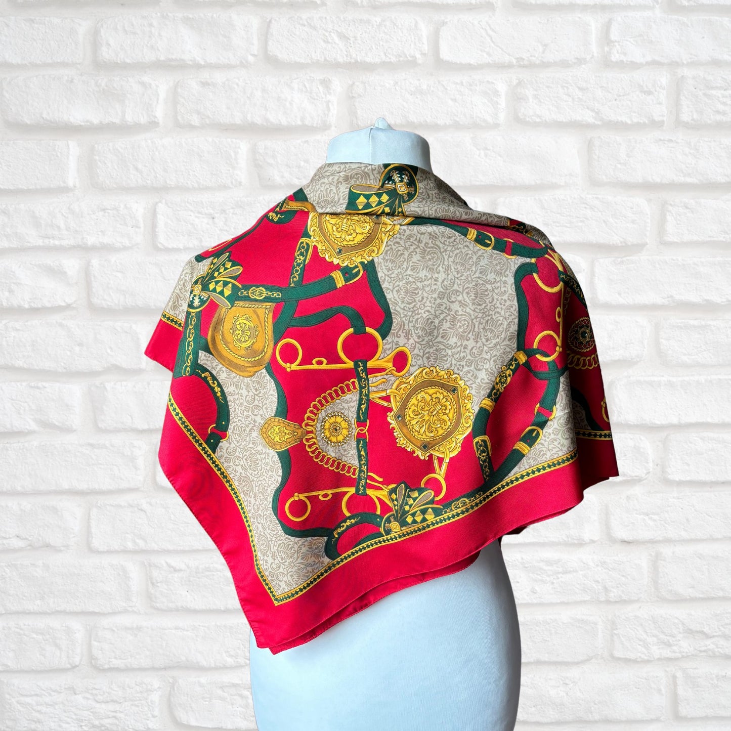 Red, Green and Gold Equestrian Style Large Square Vintage Scarf. Great Gift idea