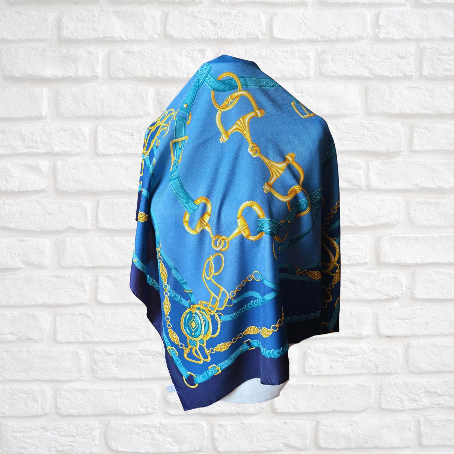 Blue and Gold Equestrian Style Large Square Vintage Scarf. Great Gift idea