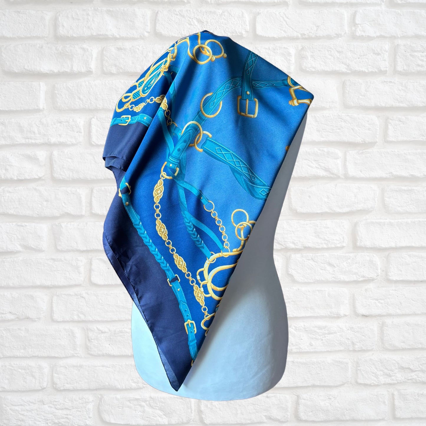 Blue and Gold Equestrian Style Large Square Vintage Scarf. Great Gift idea