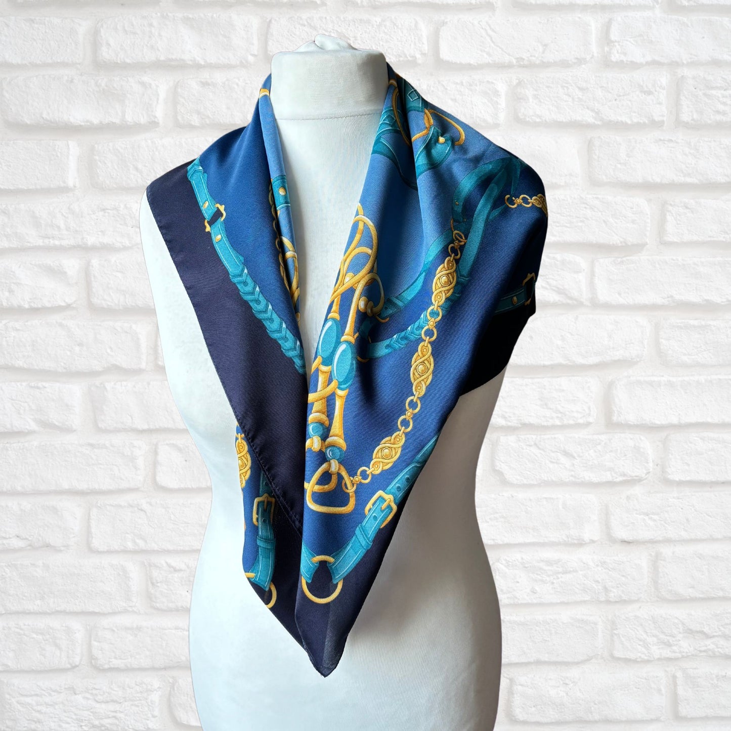 Blue and Gold Equestrian Style Large Square Vintage Scarf. Great Gift idea