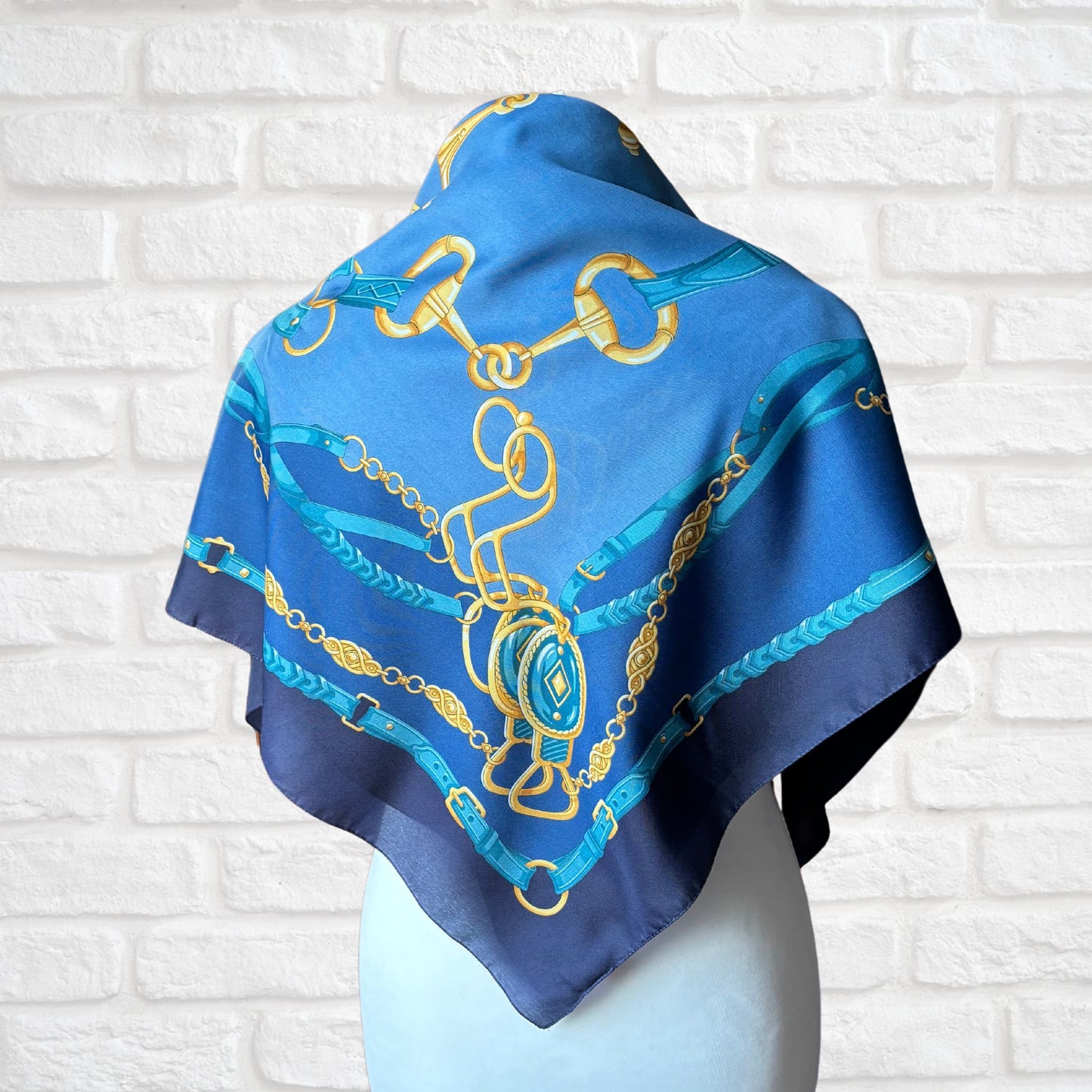 Blue and Gold Equestrian Style Large Square Vintage Scarf. Great Gift idea