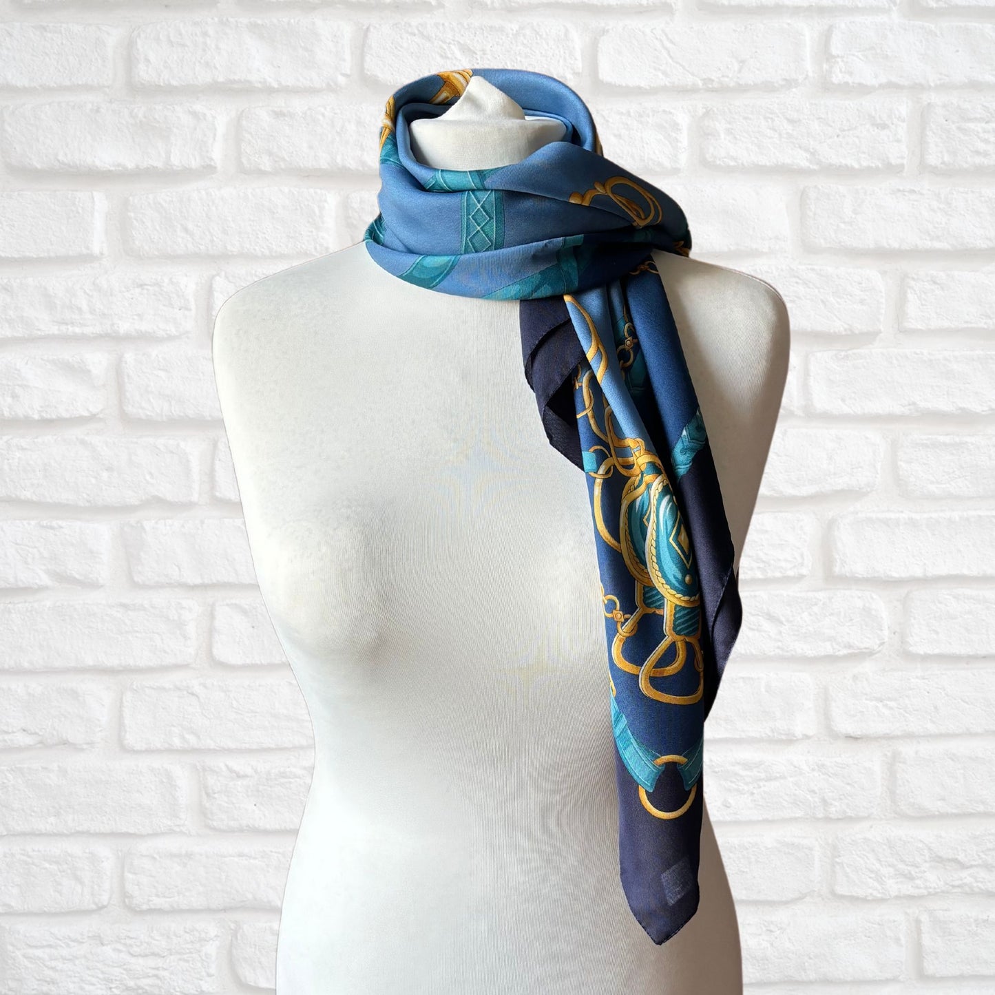 Blue and Gold Equestrian Style Large Square Vintage Scarf. Great Gift idea