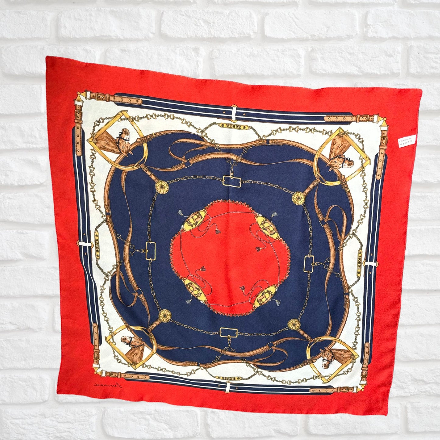 Elegant Navy Blue, Red, White , Brown and Gold Equestrian Style/Horse Design Square Vintage Scarf by Leonardi. Great Gift idea