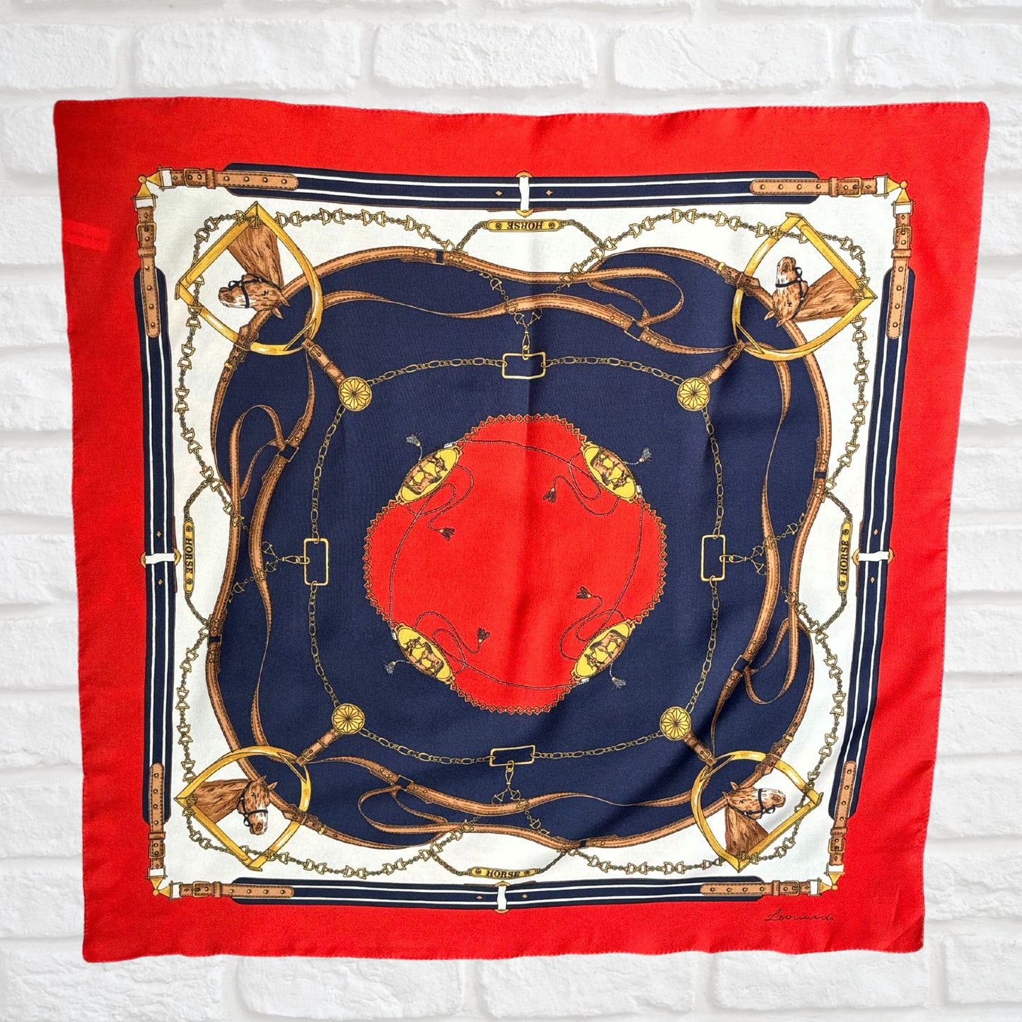 Elegant Navy Blue, Red, White , Brown and Gold Equestrian Style/Horse Design Square Vintage Scarf by Leonardi. Great Gift idea