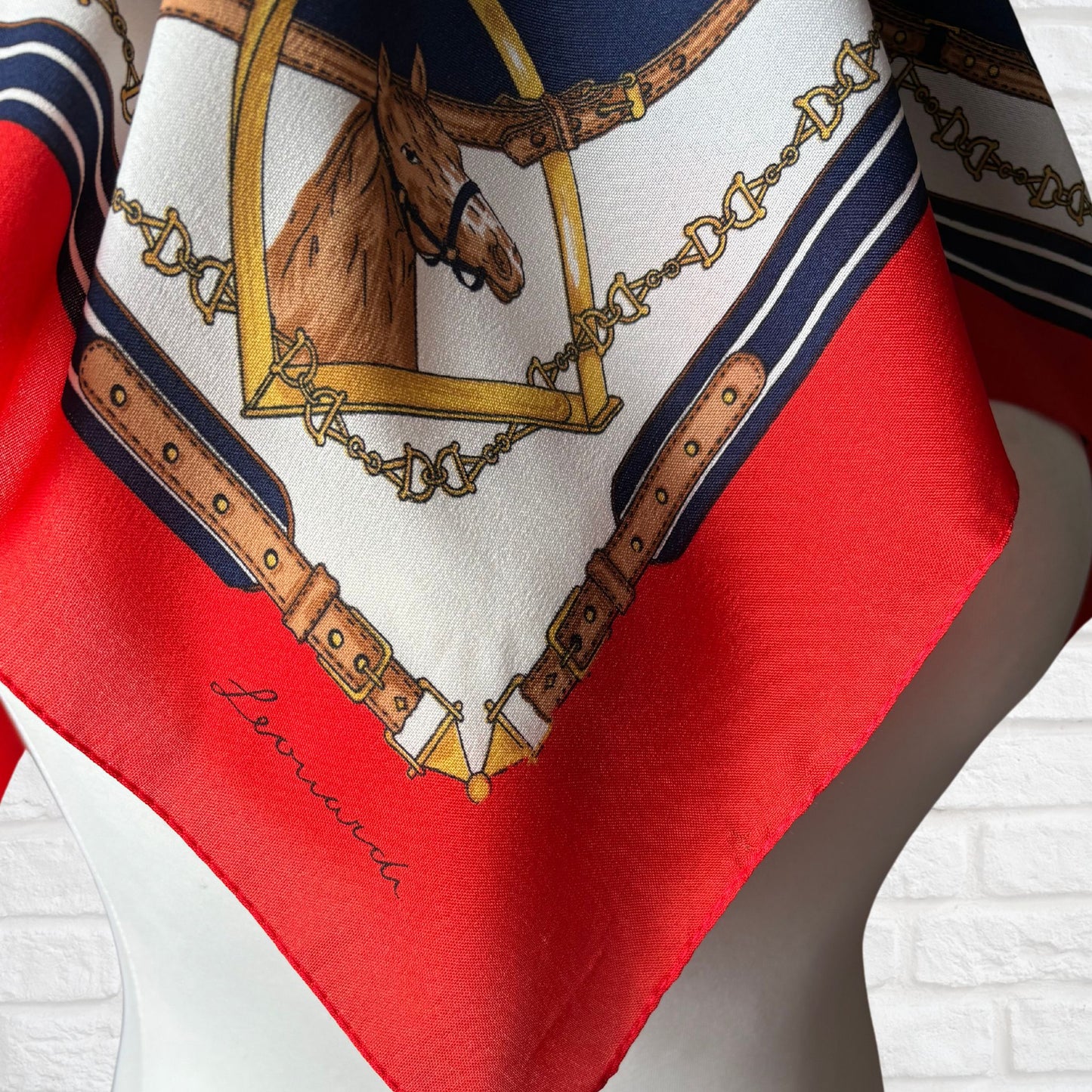 Elegant Navy Blue, Red, White , Brown and Gold Equestrian Style/Horse Design Square Vintage Scarf by Leonardi. Great Gift idea