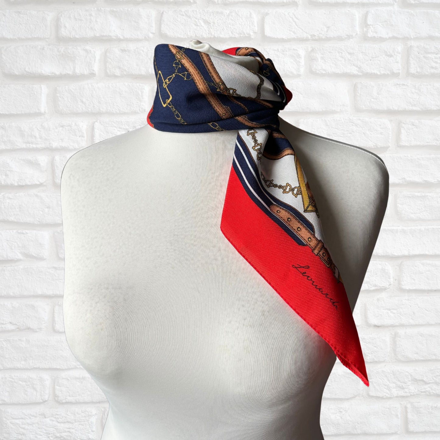 Elegant Navy Blue, Red, White , Brown and Gold Equestrian Style/Horse Design Square Vintage Scarf by Leonardi. Great Gift idea