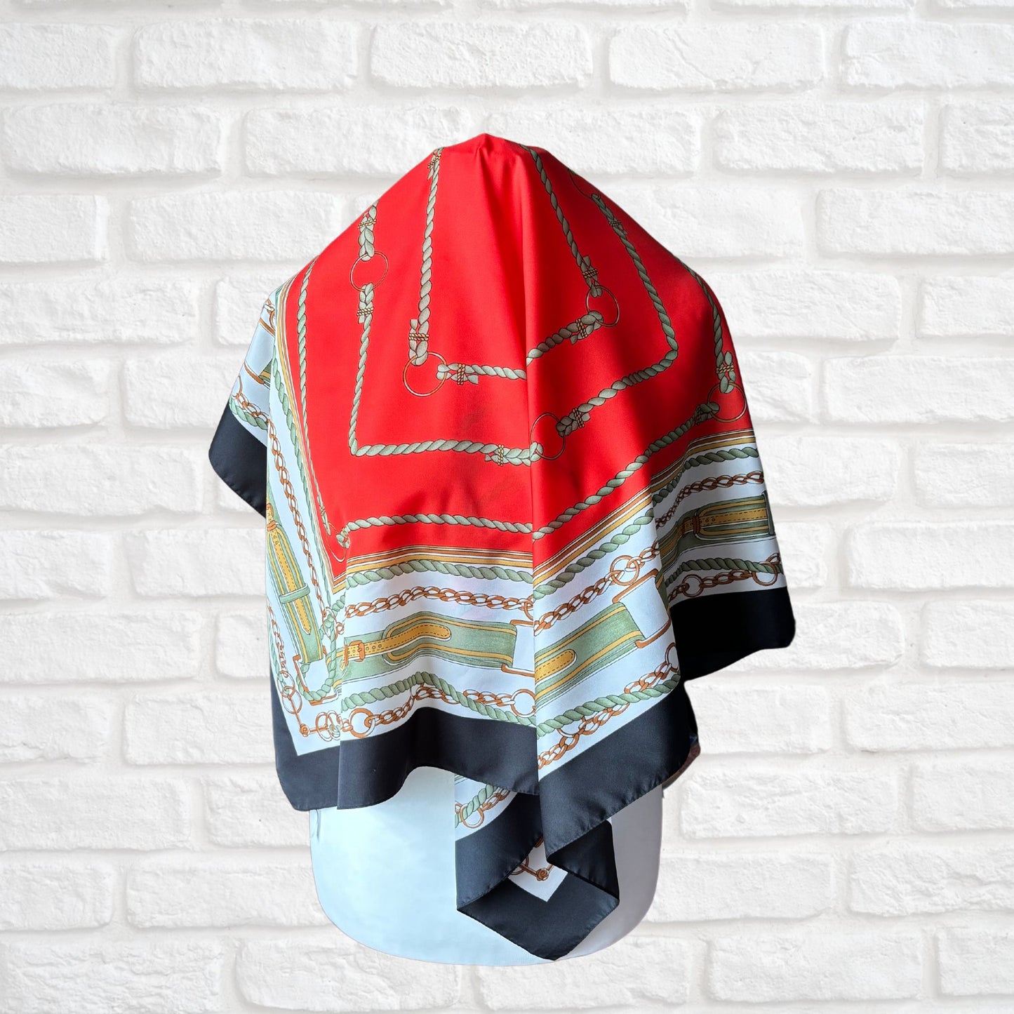 Black, White, Green, Red and Brown Equestrian Style Large Square Vintage Scarf. Great Gift idea