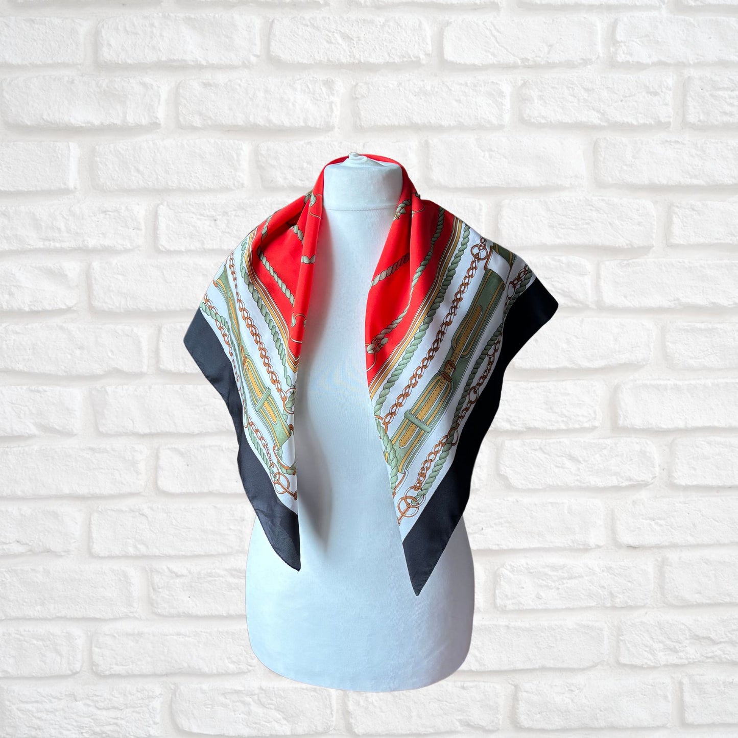 Black, White, Green, Red and Brown Equestrian Style Large Square Vintage Scarf. Great Gift idea