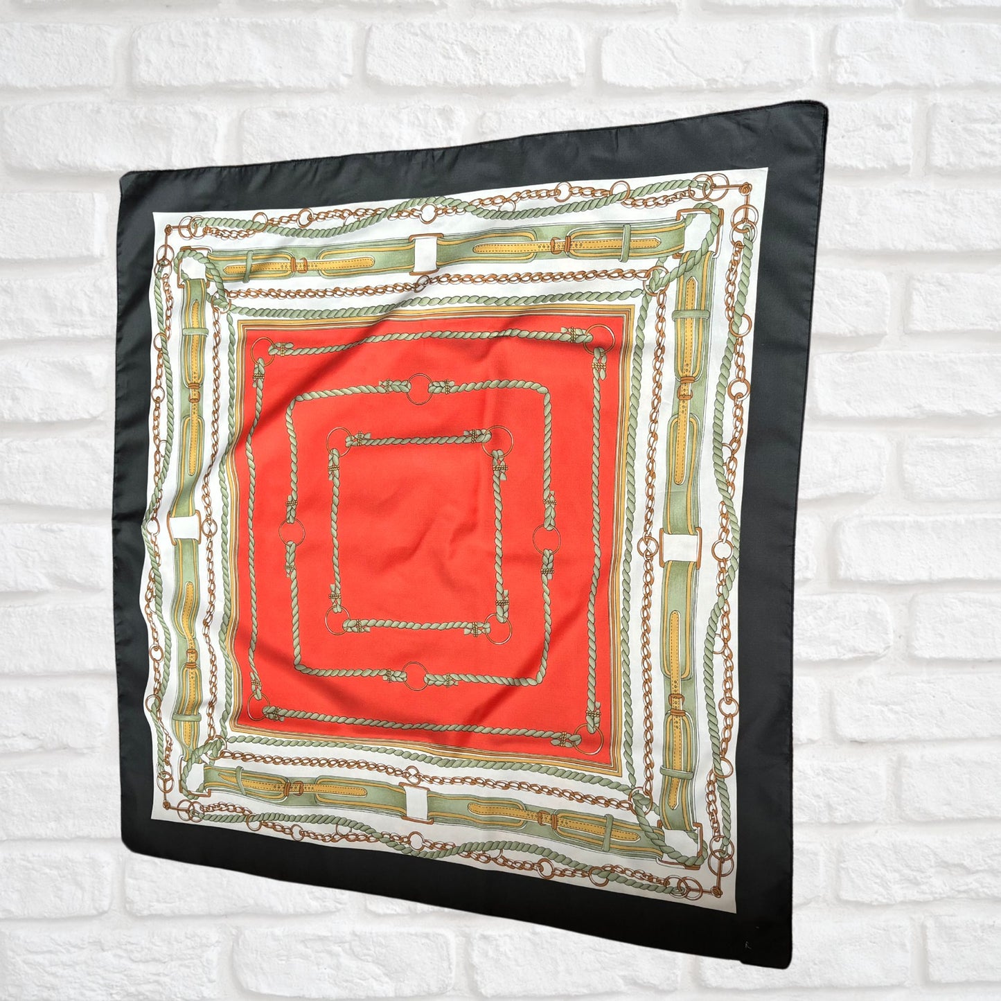 Black, White, Green, Red and Brown Equestrian Style Large Square Vintage Scarf. Great Gift idea