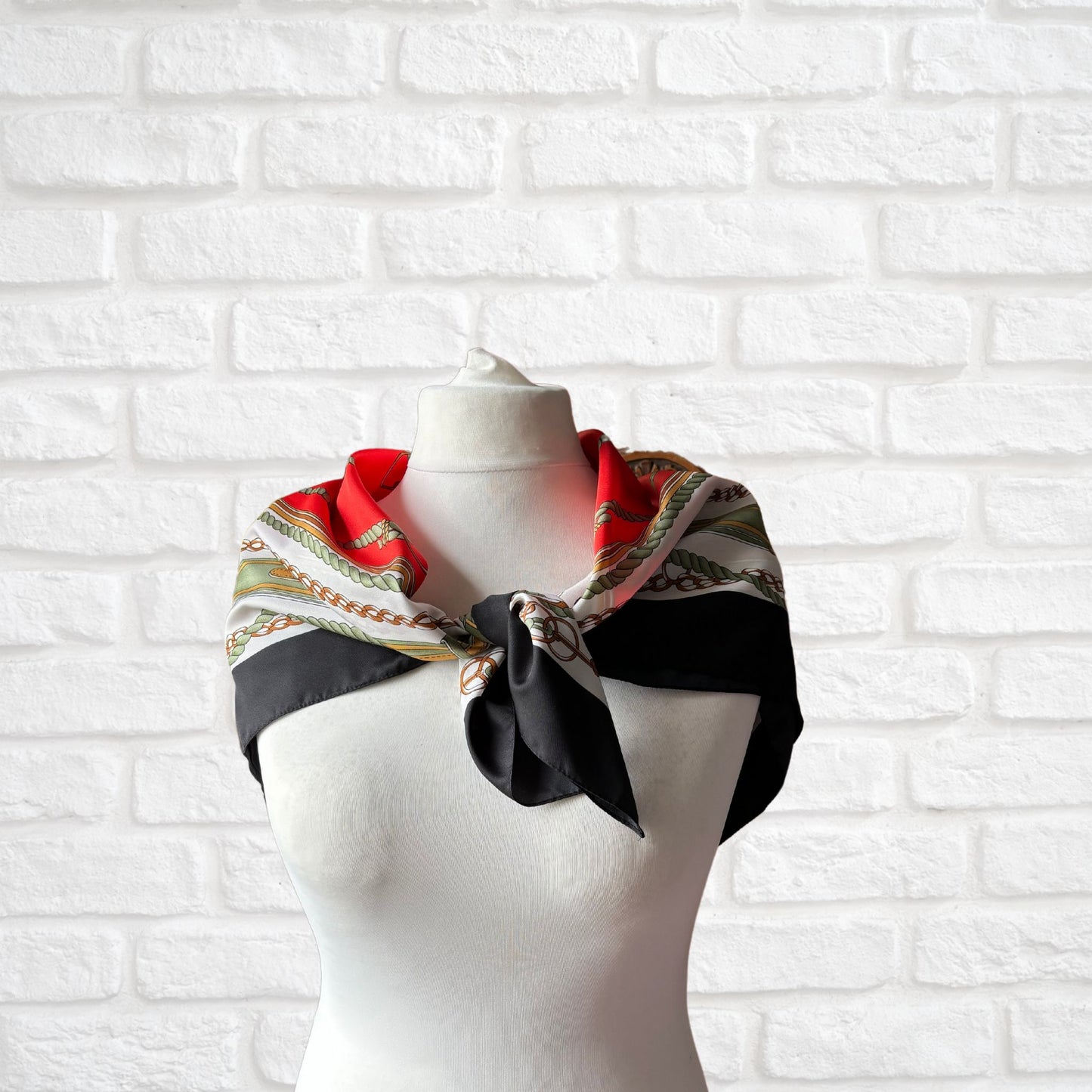 Black, White, Green, Red and Brown Equestrian Style Large Square Vintage Scarf. Great Gift idea
