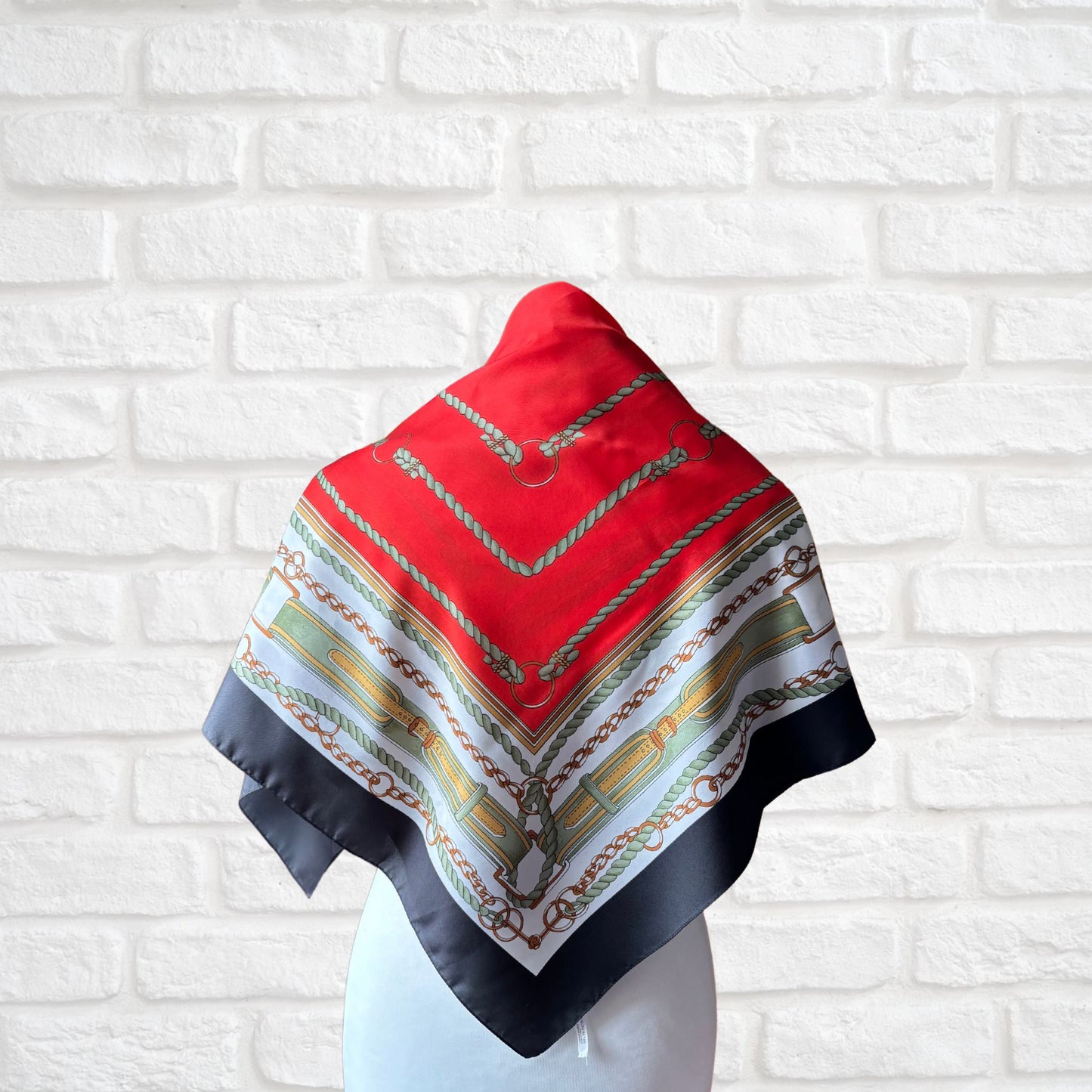Black, White, Green, Red and Brown Equestrian Style Large Square Vintage Scarf. Great Gift idea