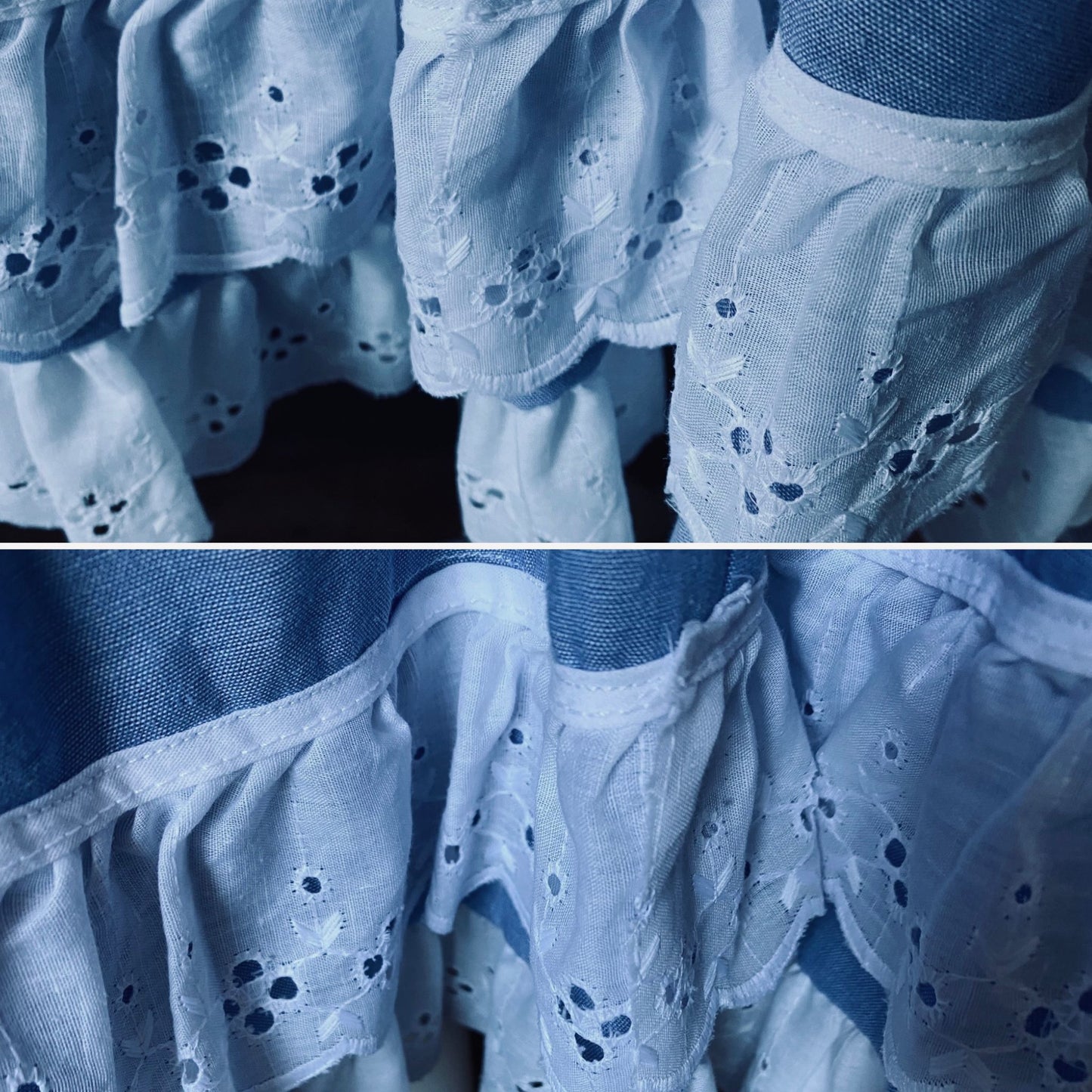 80s sky blue vintage mini skirt with white double ruffle hem. Approx UK size 6-10