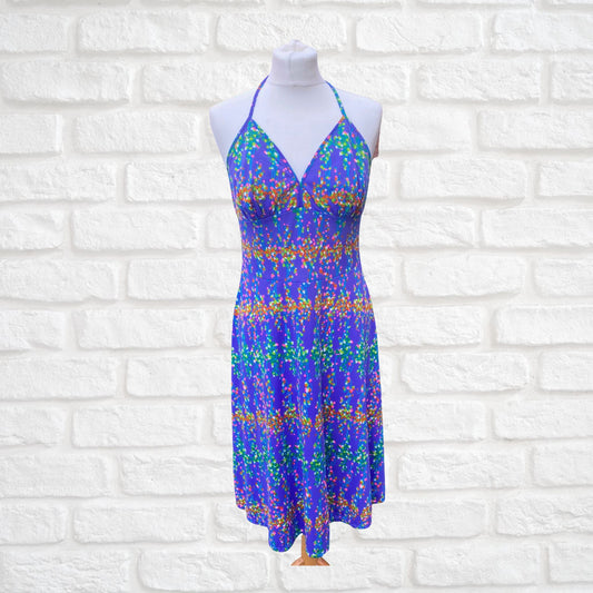 70s rainbow abstract print halter neck dress. Approx U.K. size 10-12