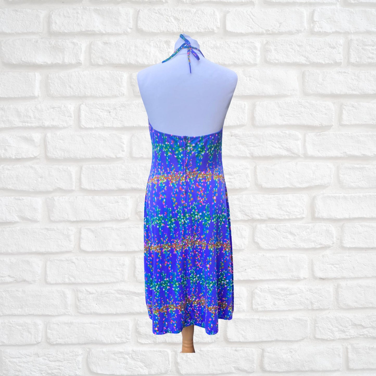 70s rainbow abstract print halter neck dress. Approx U.K. size 10-12