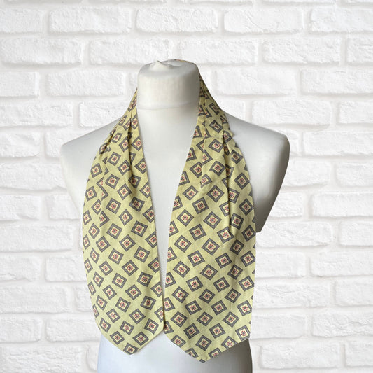 Mod style pale yellow, grey blue and red print vintage cravat by British brand Duggie