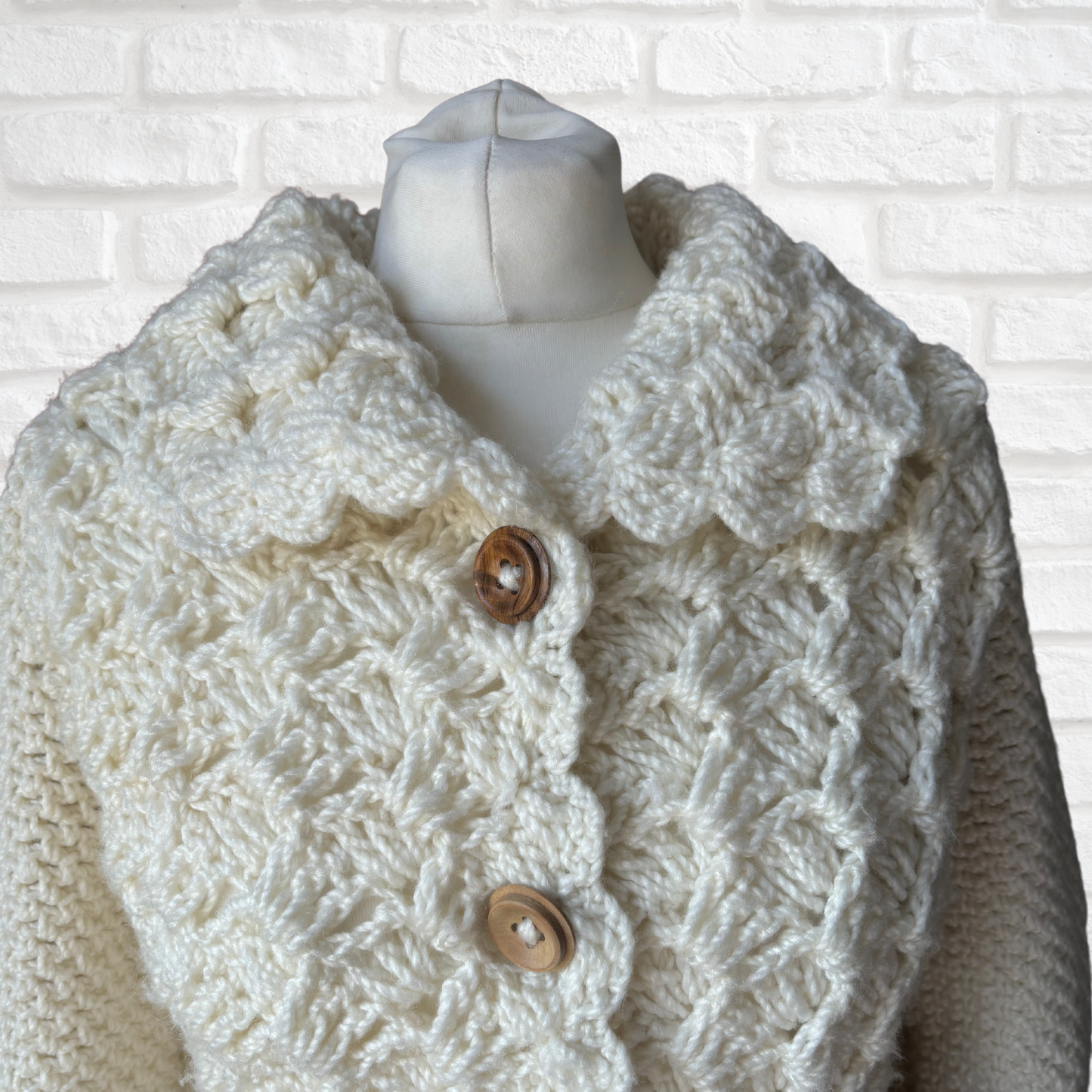 Hand-Crocheted Vintage 70s Style Cream Cardigan with Wooden Buttons. Approx UK size 8- 12