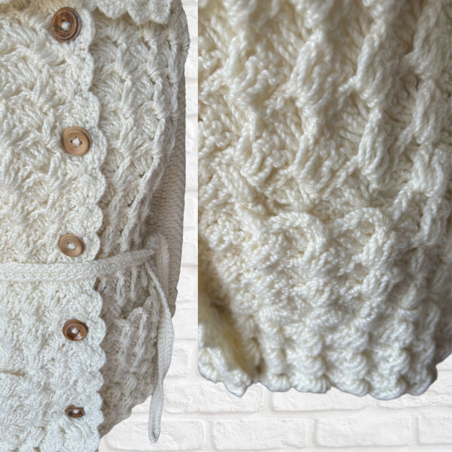 Hand-Crocheted Vintage 70s Style Cream Cardigan with Wooden Buttons. Approx UK size 8- 12