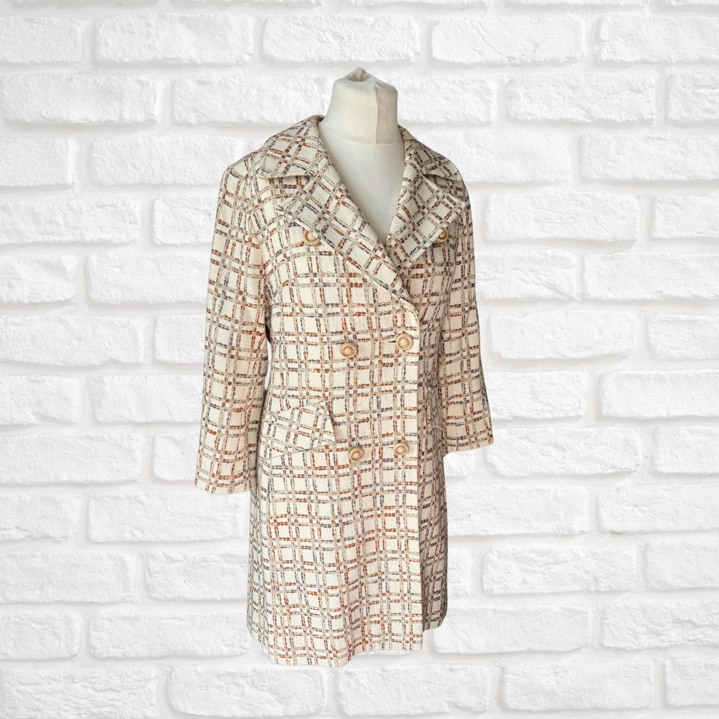 Vintage 60s/70s Cream and Copper Wool Blend Checked Vintage Coat Approx UK size 12-14