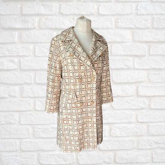 Vintage 60s/70s Cream and Copper Wool Blend Checked Vintage Coat Approx UK size 12-14