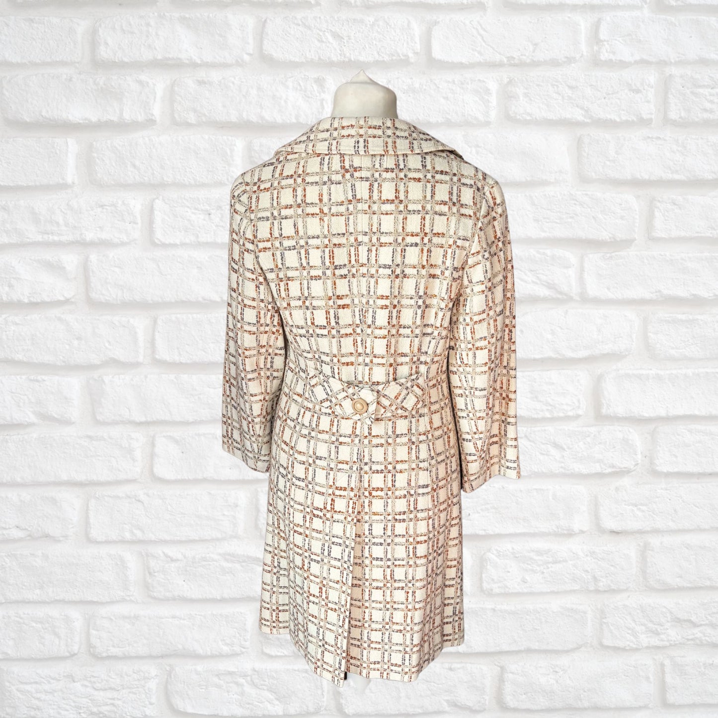 Vintage 60s/70s Cream and Copper Wool Blend Checked Vintage Coat Approx UK size 12-14