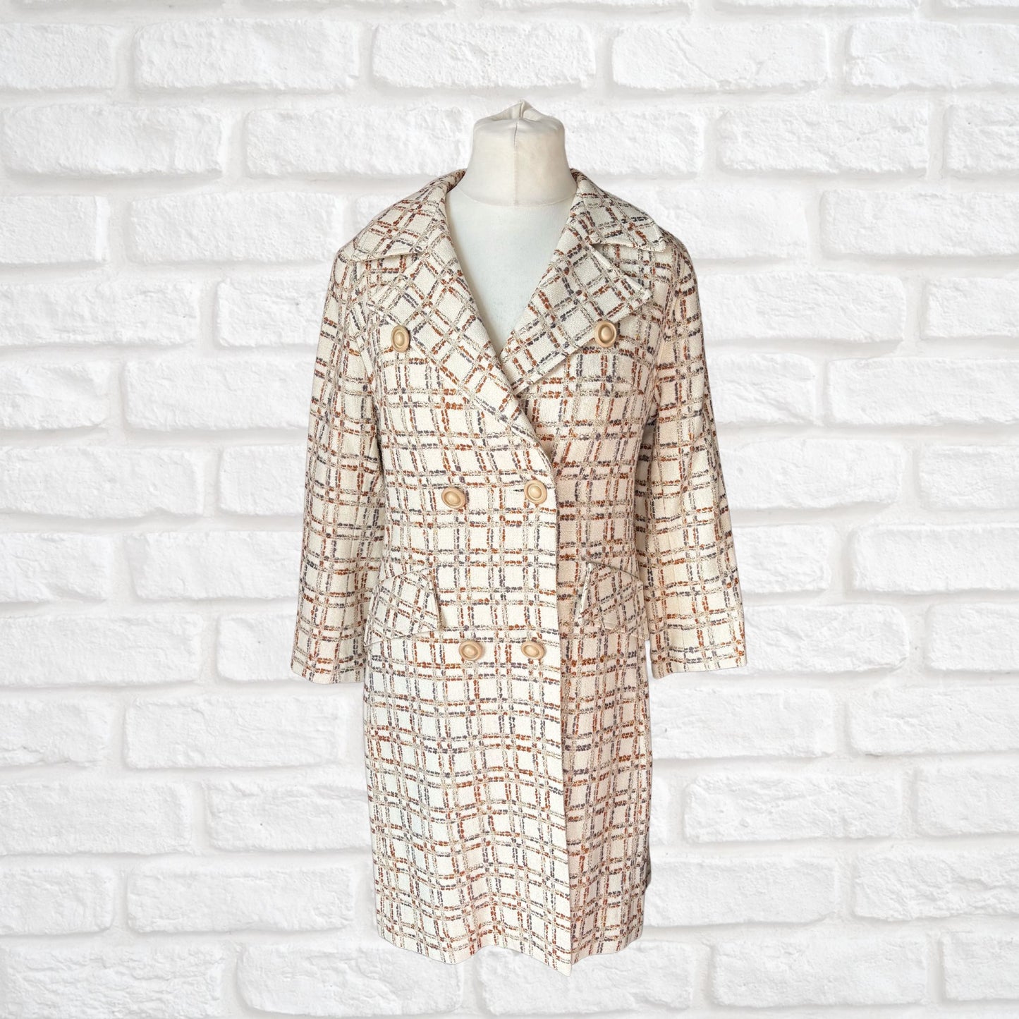 Vintage 60s/70s Cream and Copper Wool Blend Checked Vintage Coat Approx UK size 12-14