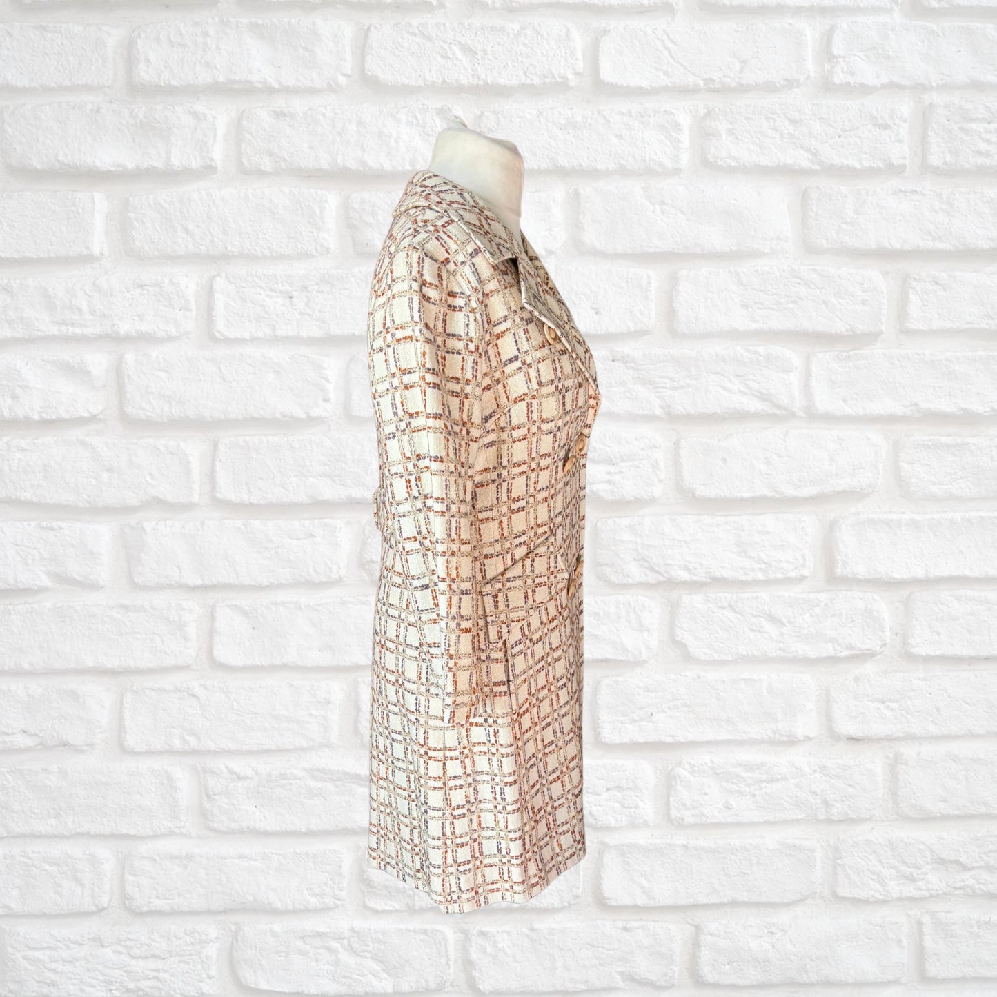 Vintage 60s/70s Cream and Copper Wool Blend Checked Vintage Coat Approx UK size 12-14