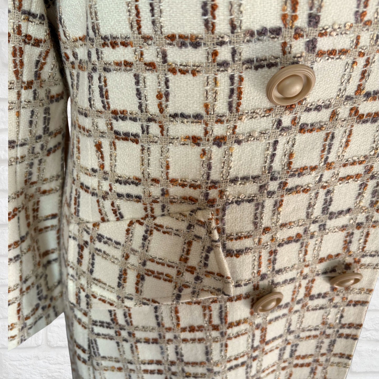 Vintage 60s/70s Cream and Copper Wool Blend Checked Vintage Coat Approx UK size 12-14