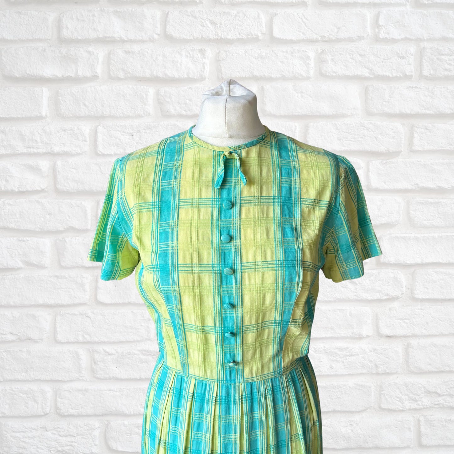 50s cotton blue and green checked summer dress . Approx  UK  8-10