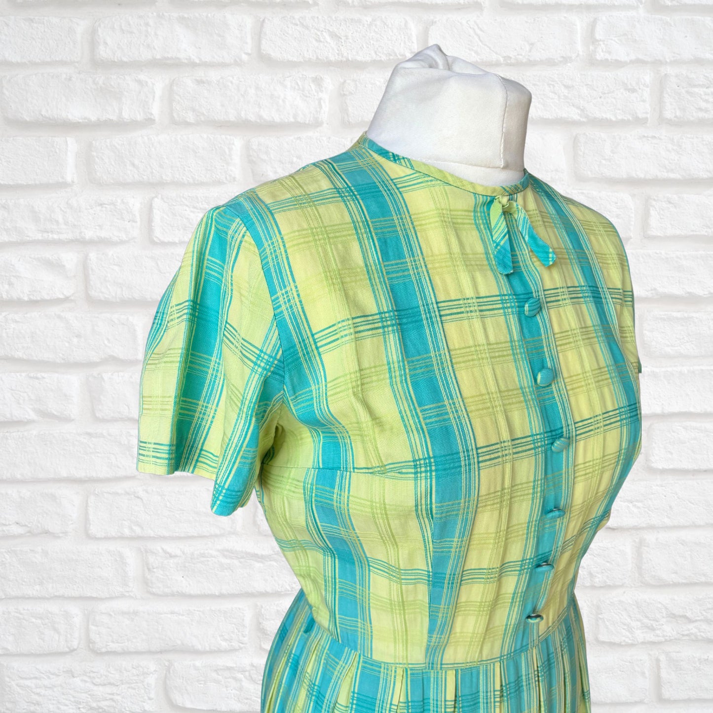 50s cotton blue and green checked summer dress . Approx  UK  8-10