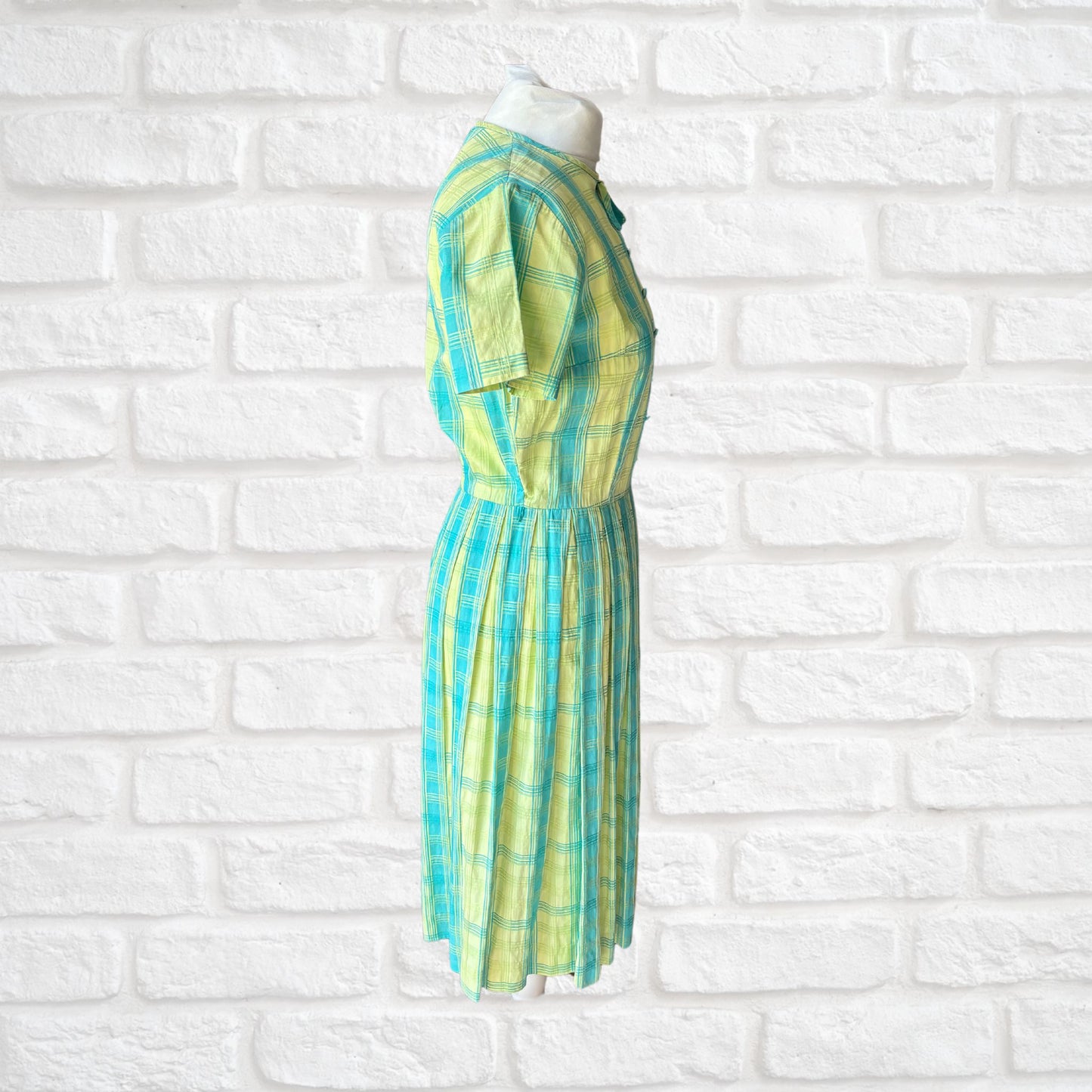 50s cotton blue and green checked summer dress . Approx  UK  8-10