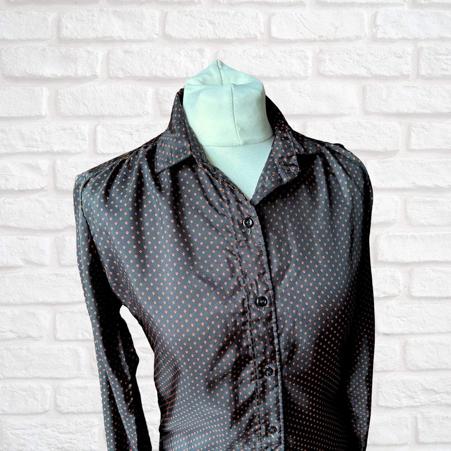 Vintage 80s Black Silky Long Sleeved Blouse with Red and Yellow Geometric Pattern. Approx UK size 8-10