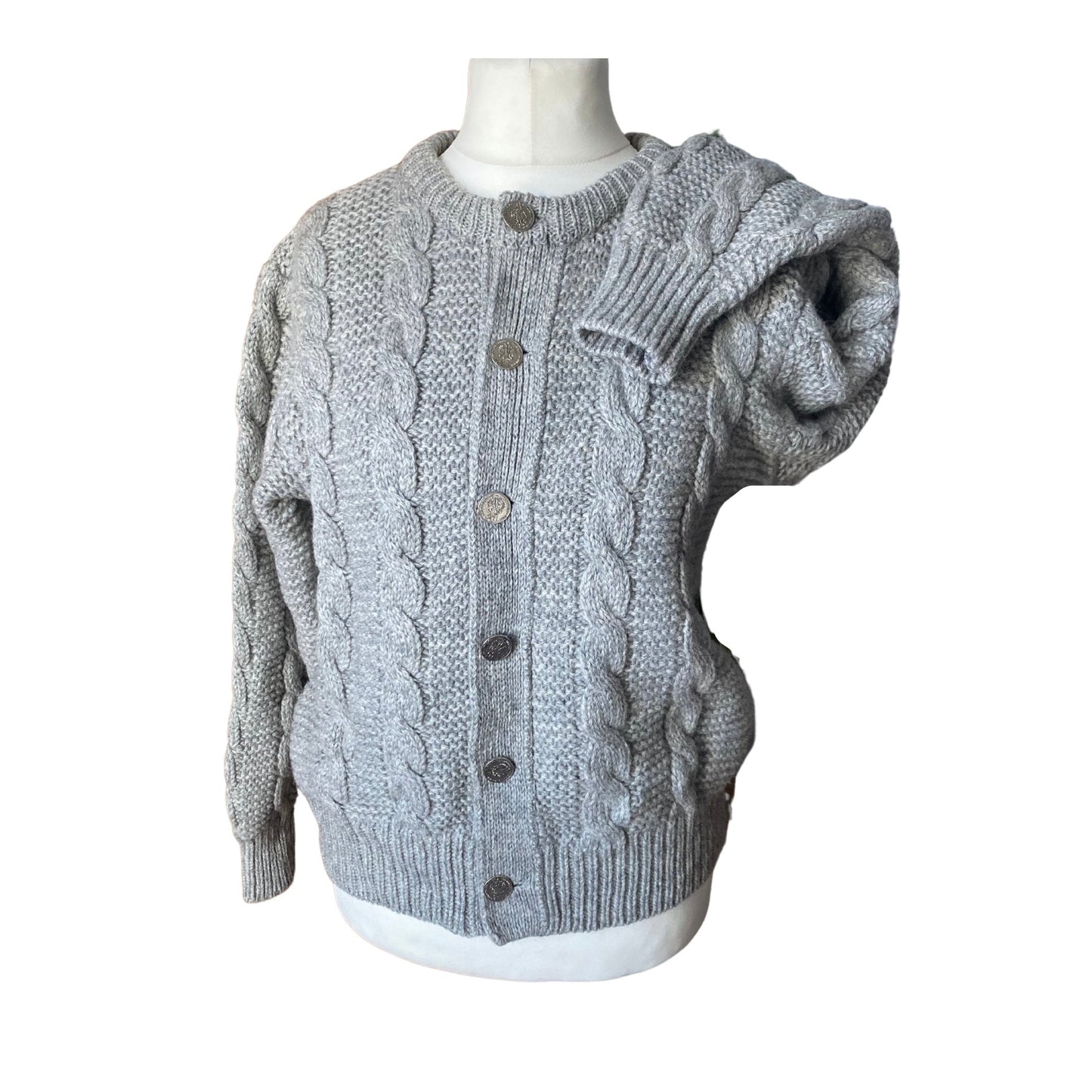 Grey chunky cable knit long sleeves, crew neck cardigan with silver coin buttons