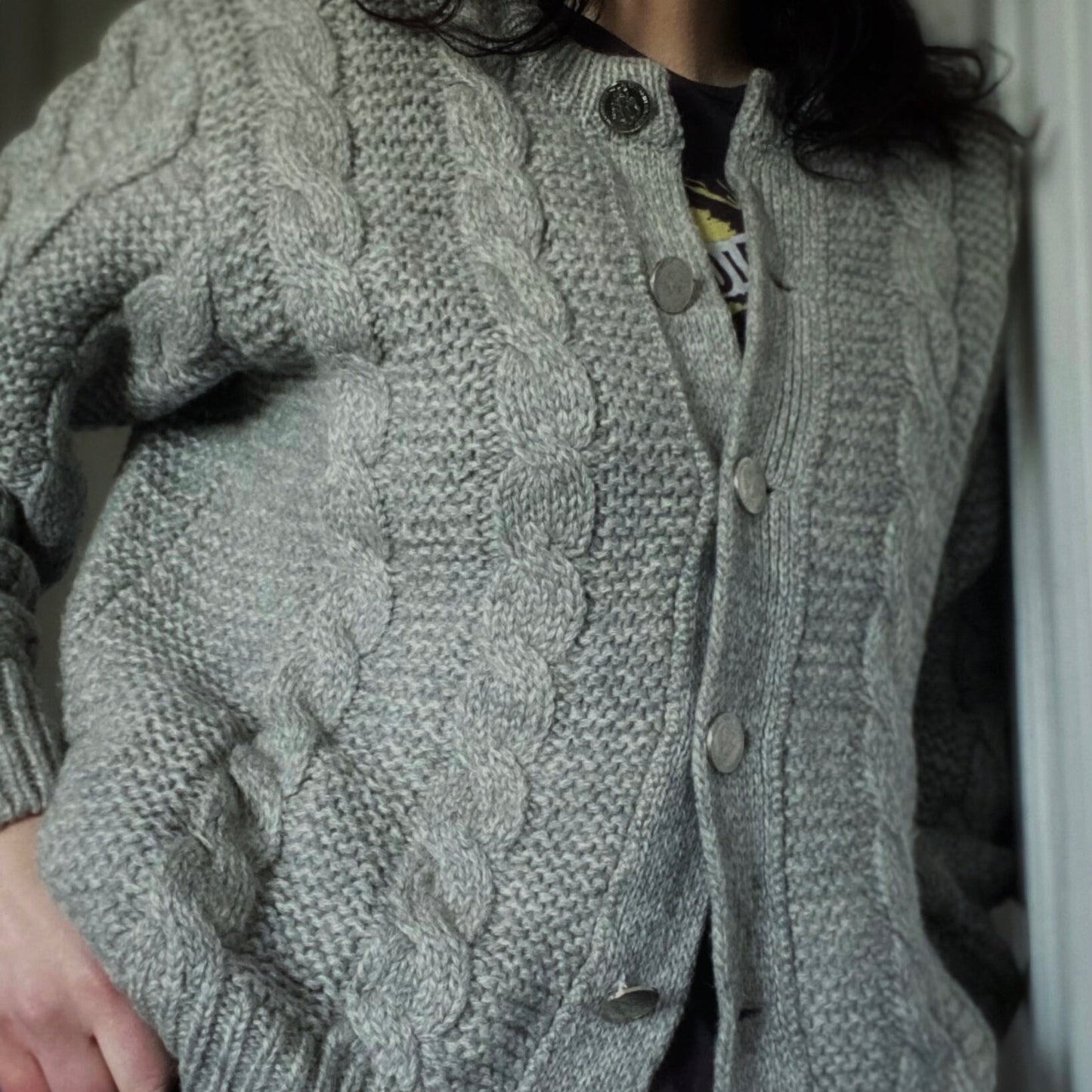 Vintage grey chunky knit wool cardigan with silver coin buttons. Approx UK size 10 -16