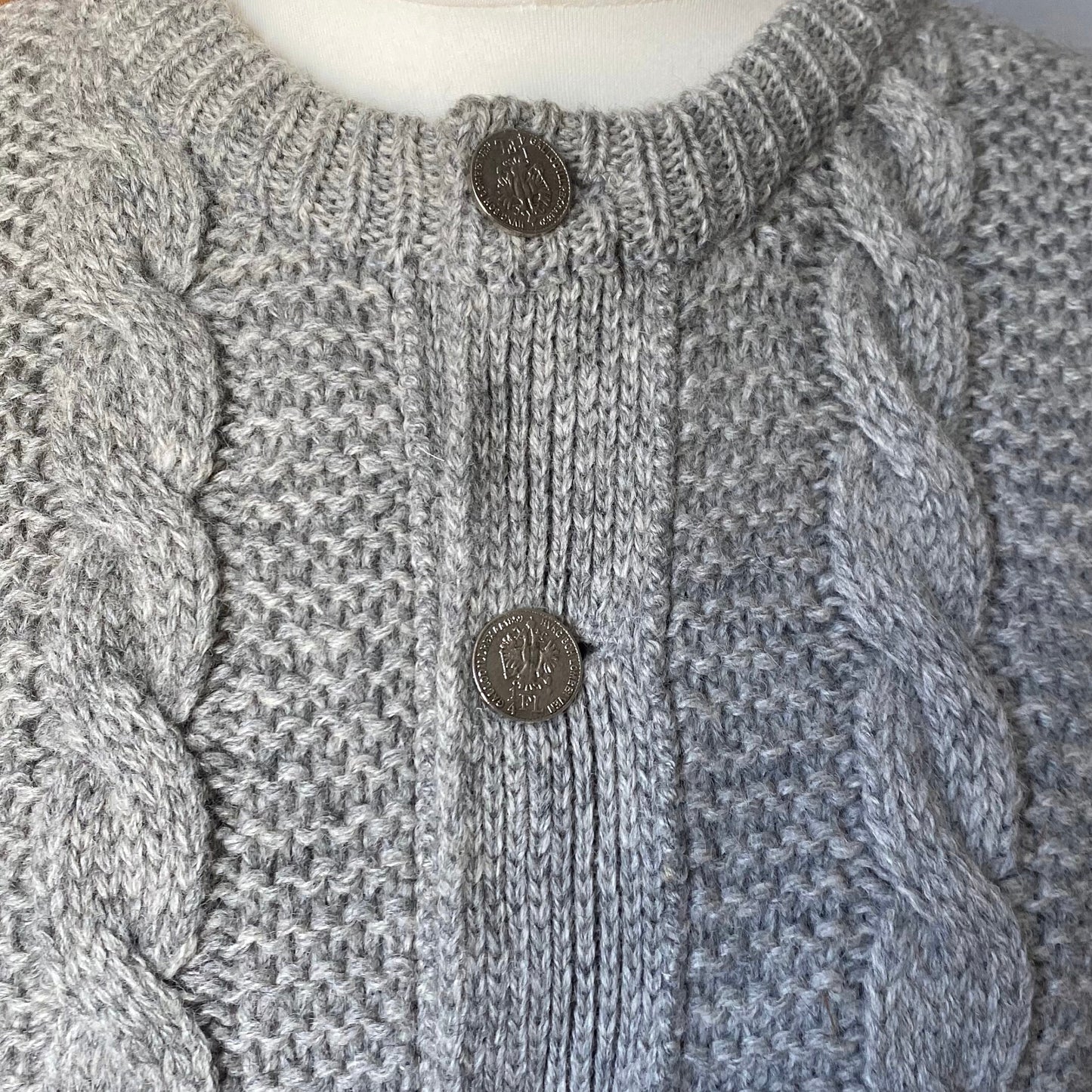 Vintage grey chunky knit wool cardigan with silver coin buttons. Approx UK size 10 -16